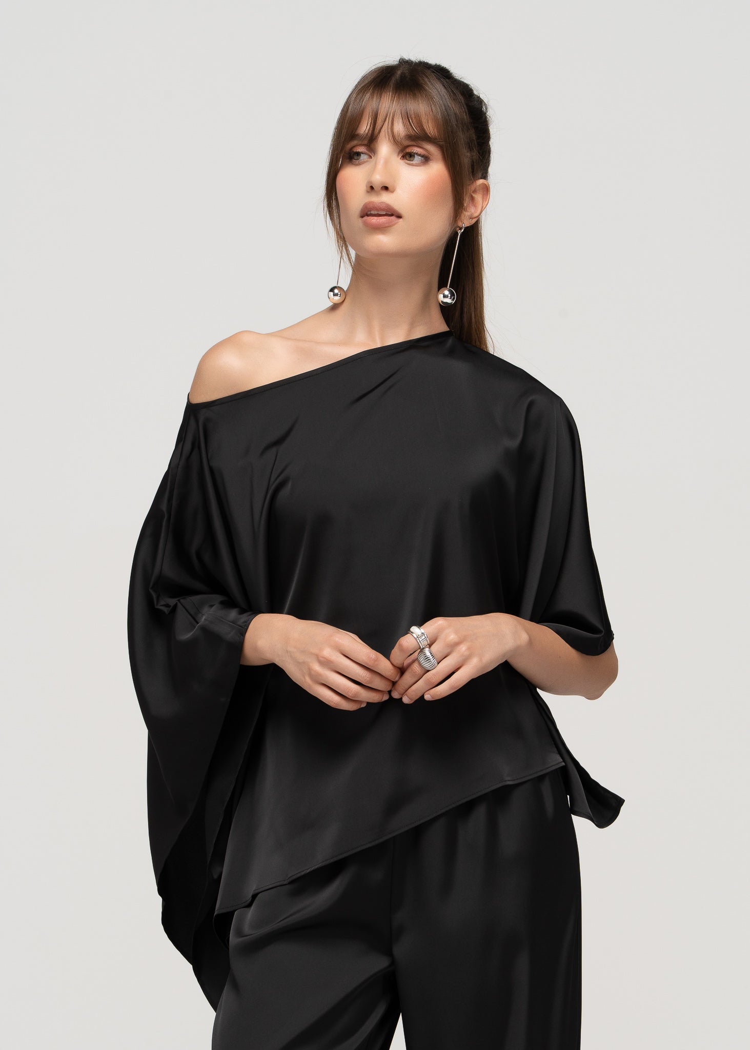 Giulia Satin Cape Top - Black