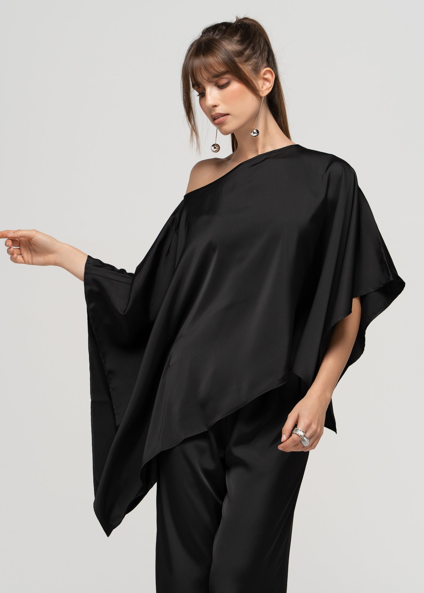 Giulia Satin Cape Top - Black