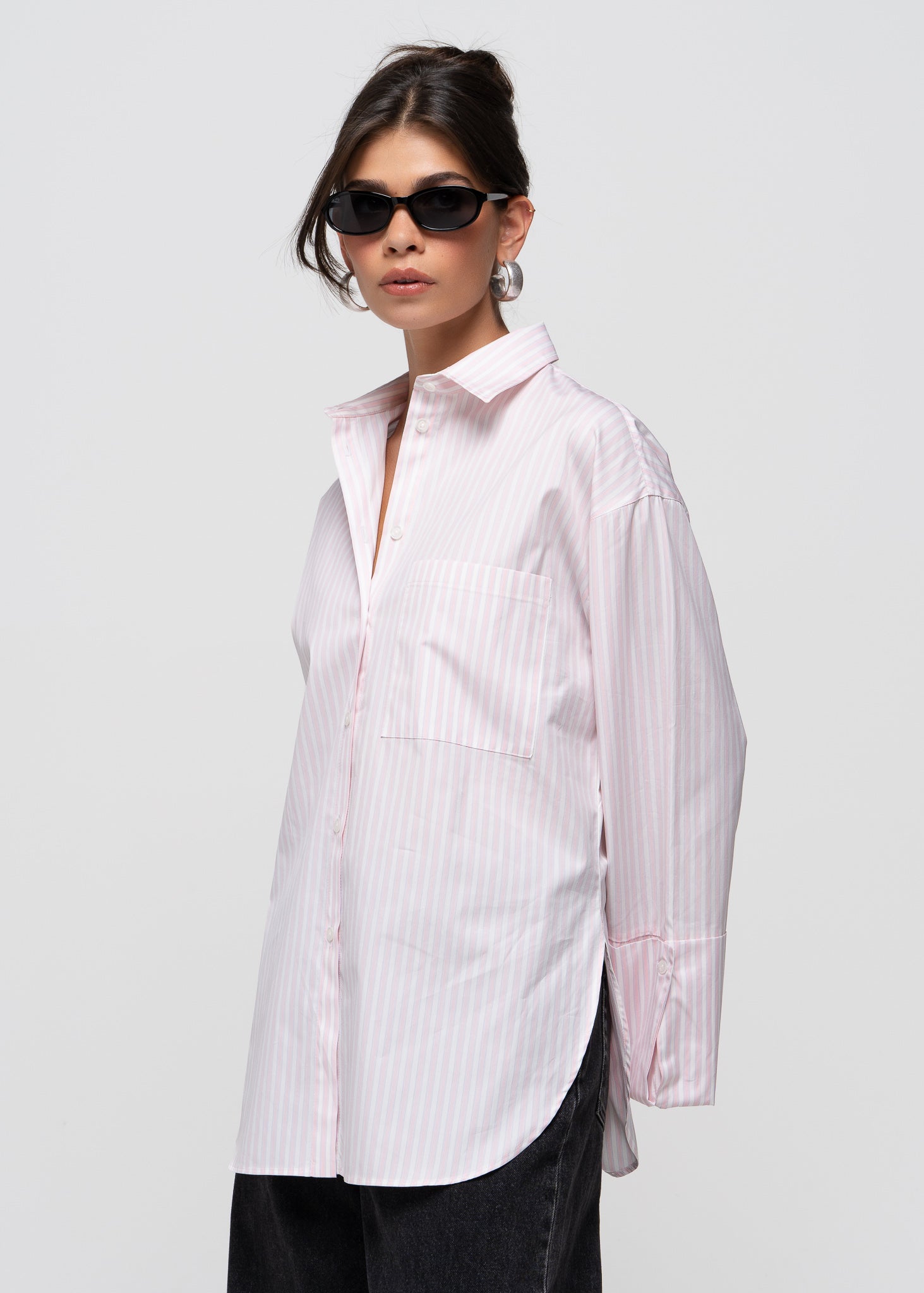 Gia Wide Cuff Cotton Shirt - Pink & White