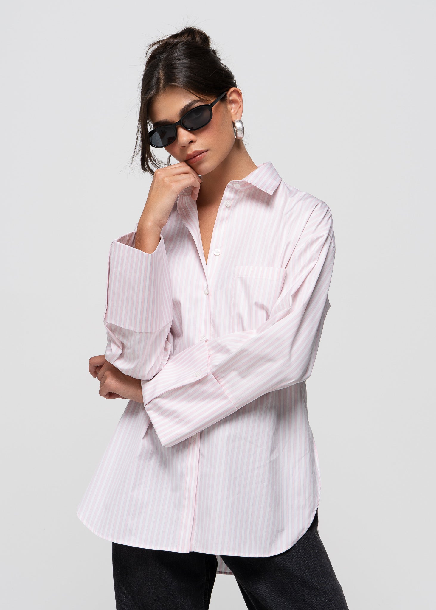 Gia Wide Cuff Cotton Shirt - Pink & White