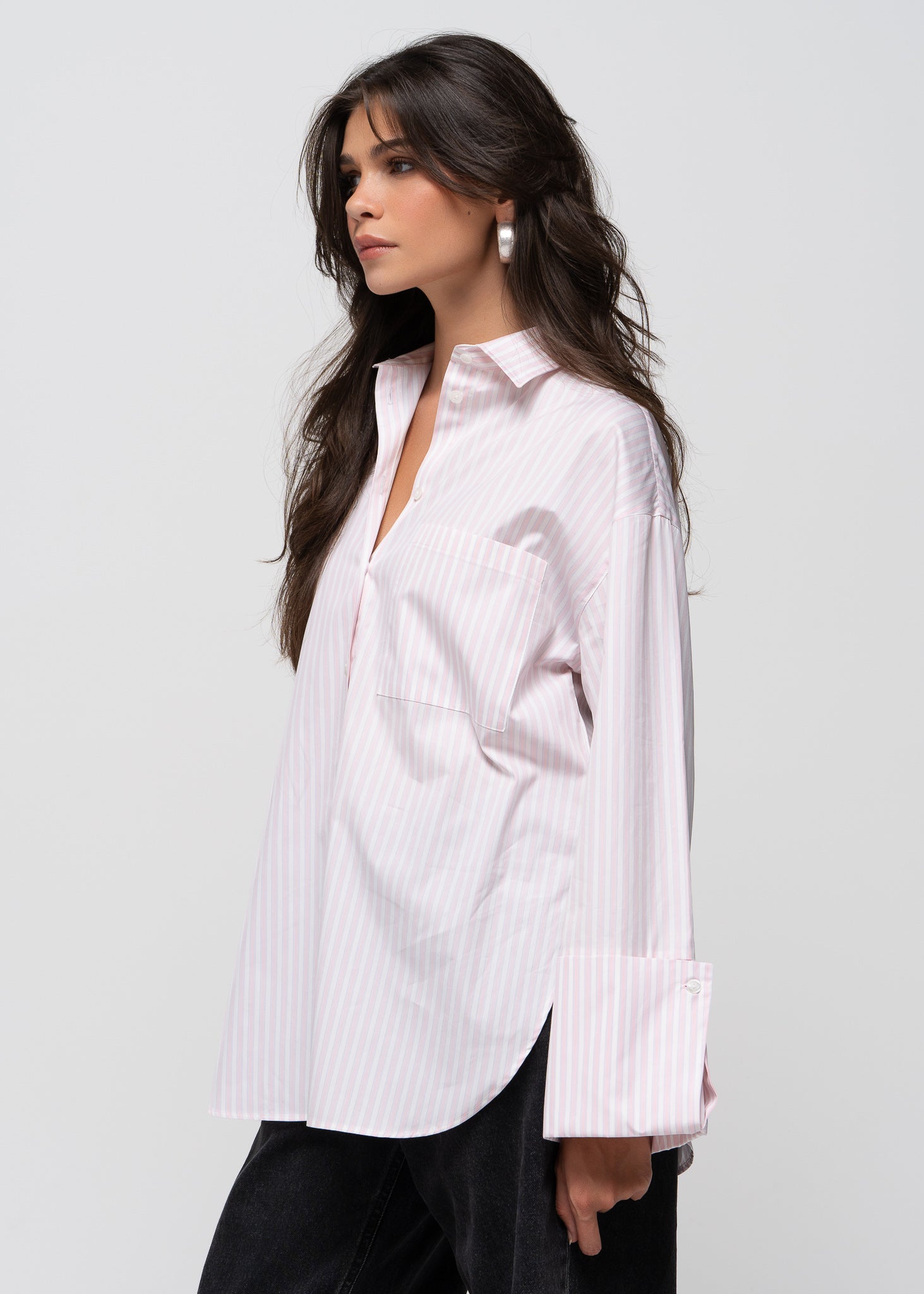 Gia Wide Cuff Cotton Shirt - Pink & White