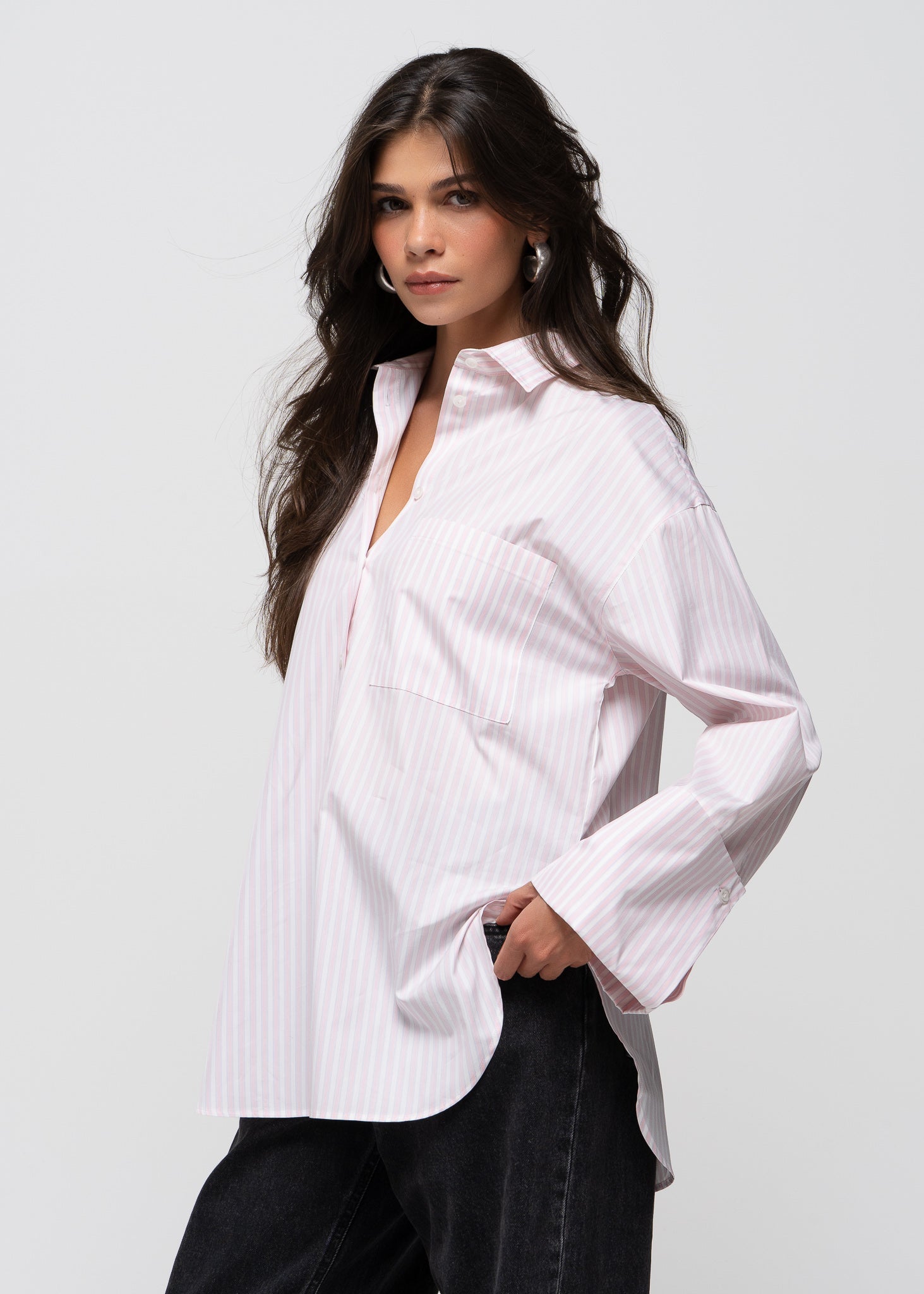 Gia Wide Cuff Cotton Shirt - Pink & White