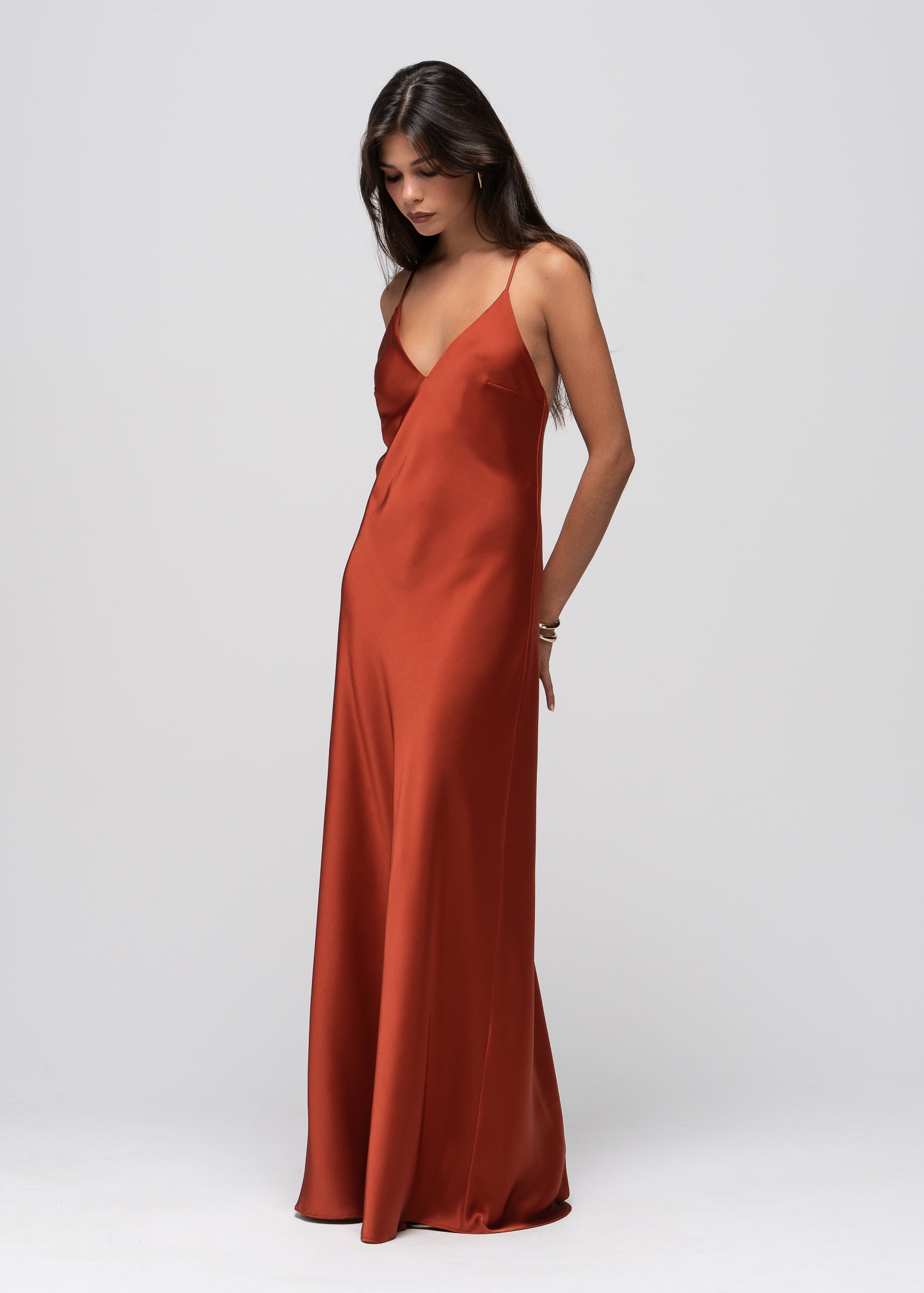 Lava Satin Gown with Sheer Shawl - Terracotta