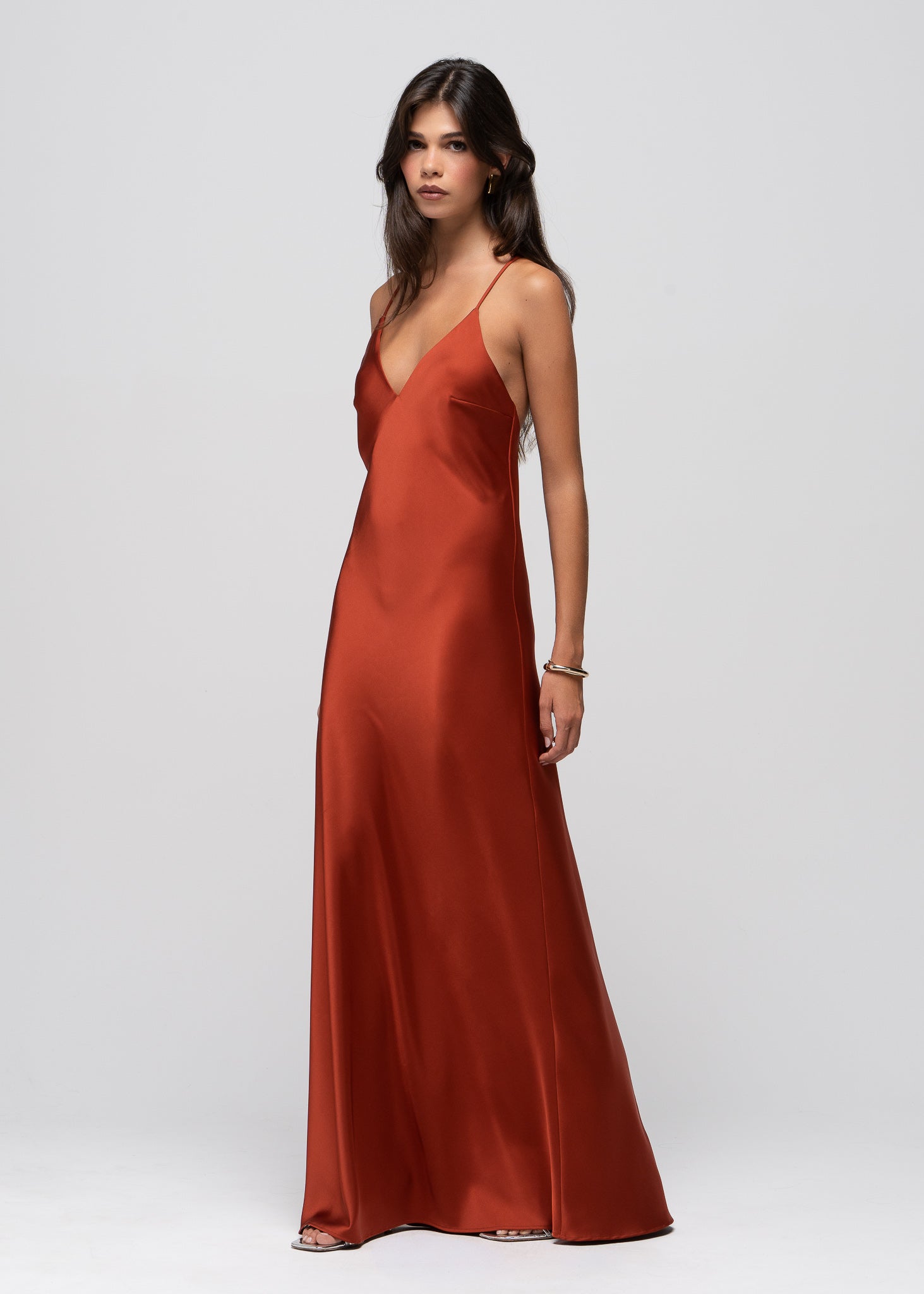 Lava Satin Gown with Sheer Shawl - Terracotta