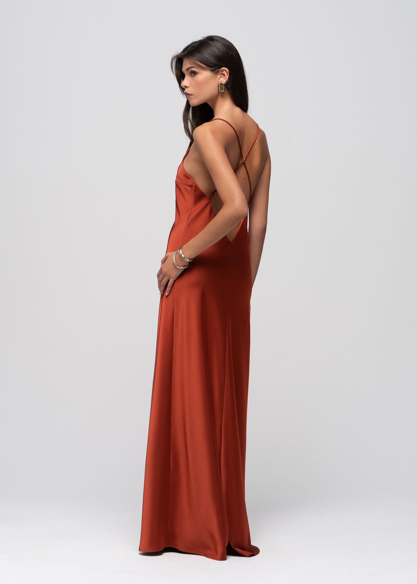 Lava Satin Gown with Sheer Shawl - Terracotta