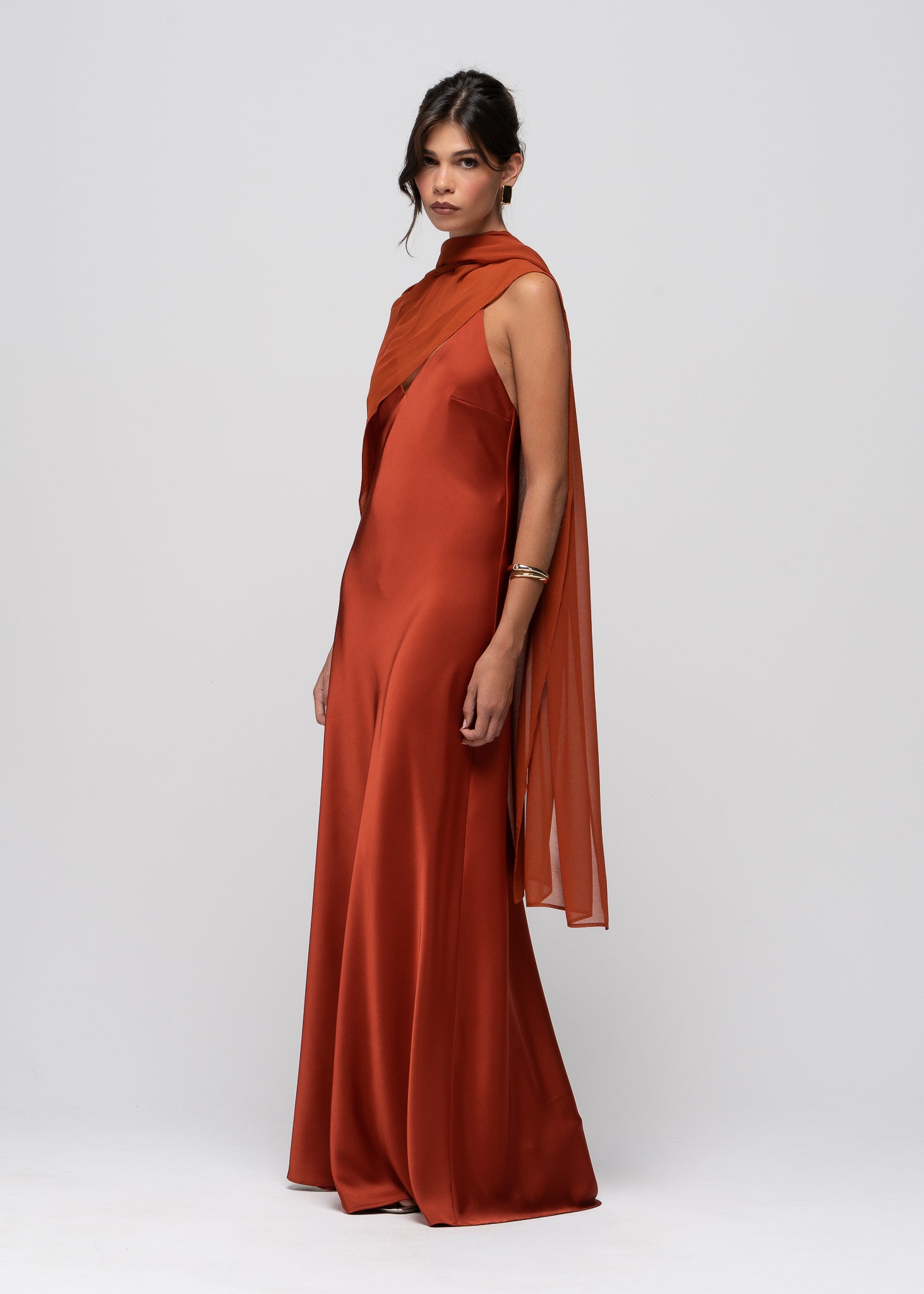 Lava Satin Gown with Sheer Shawl - Terracotta