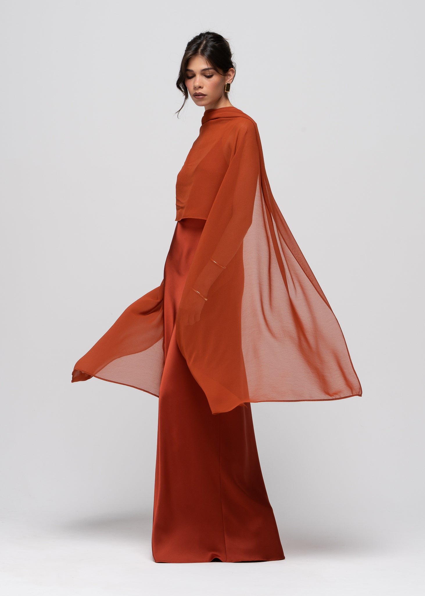 Lava Satin Gown with Sheer Shawl - Terracotta
