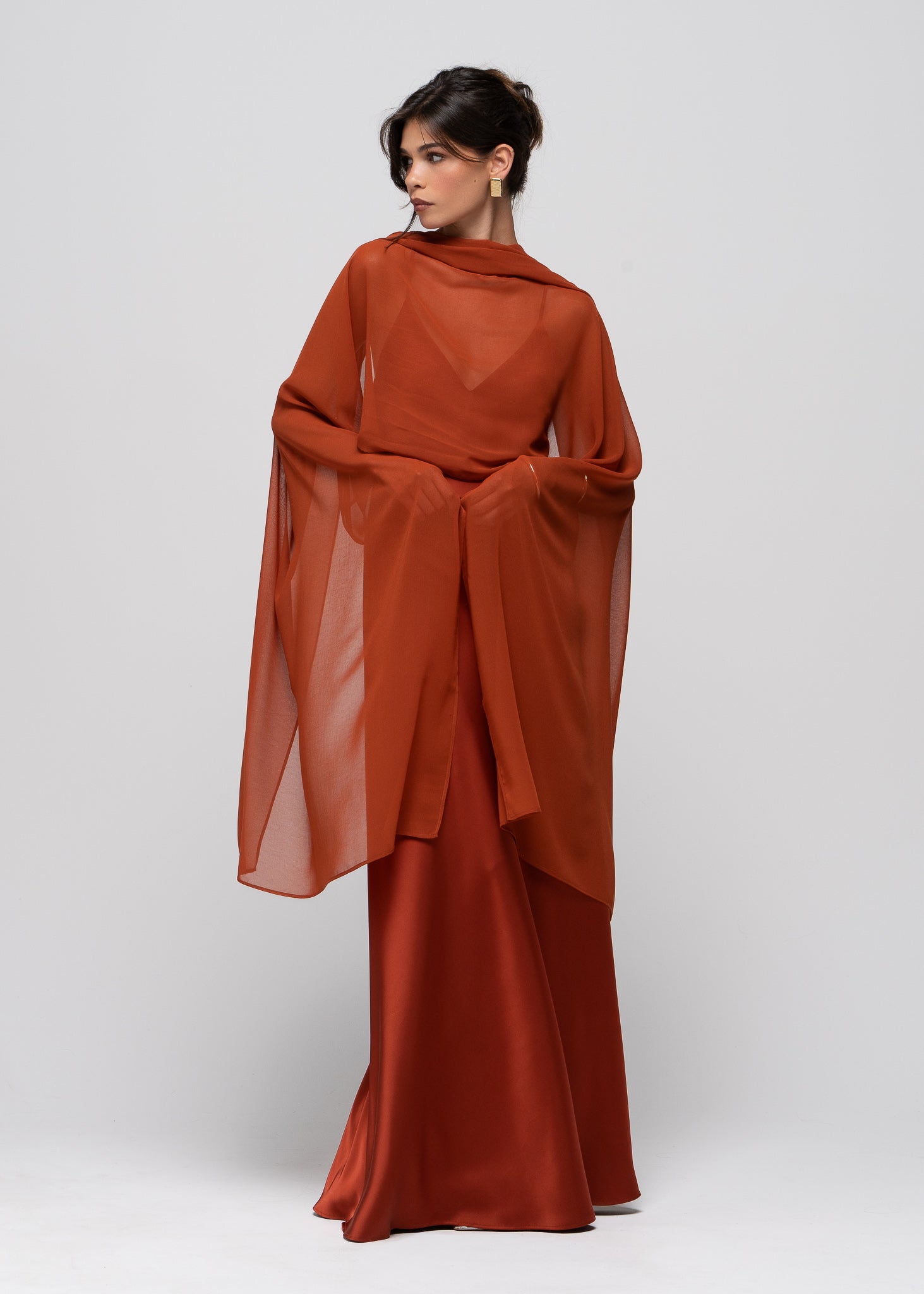 Lava Satin Gown with Sheer Shawl - Terracotta