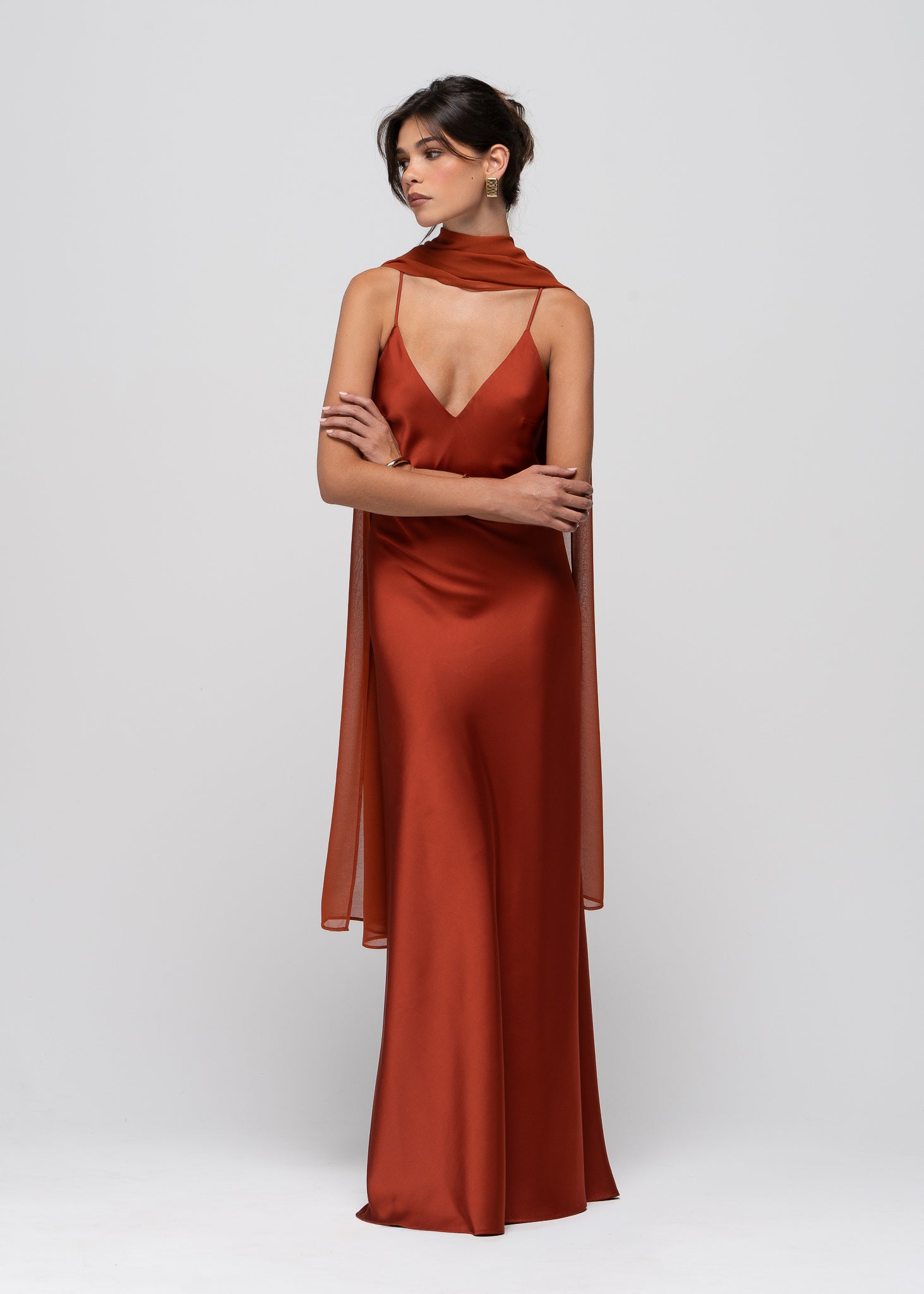 Lava Satin Gown with Sheer Shawl - Terracotta