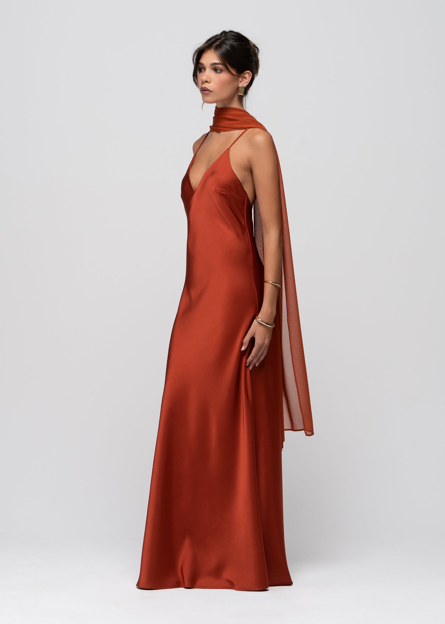 Lava Satin Gown with Sheer Shawl - Terracotta