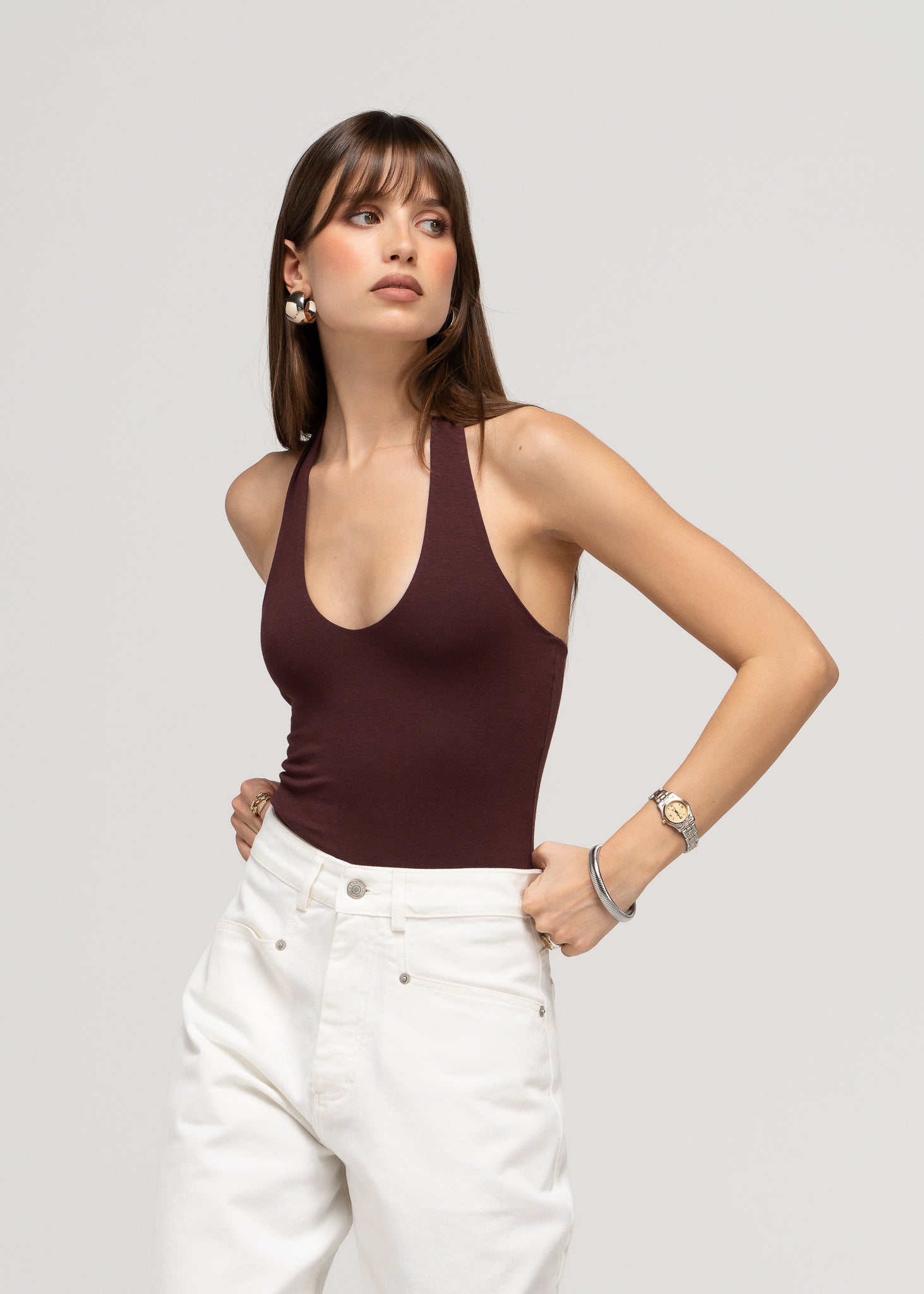 Cleo Plunge Halter Bodysuit - Plum