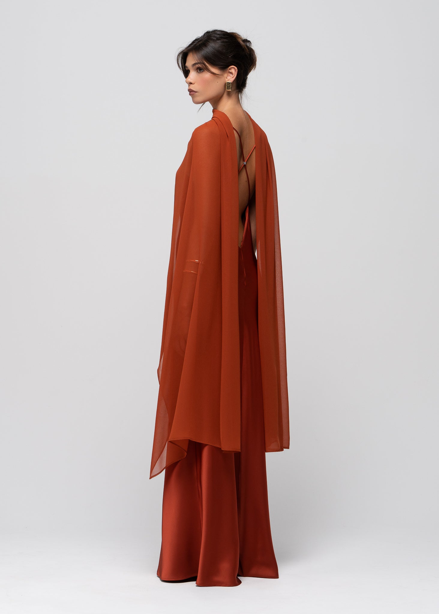 Lava Satin Gown with Sheer Shawl - Terracotta