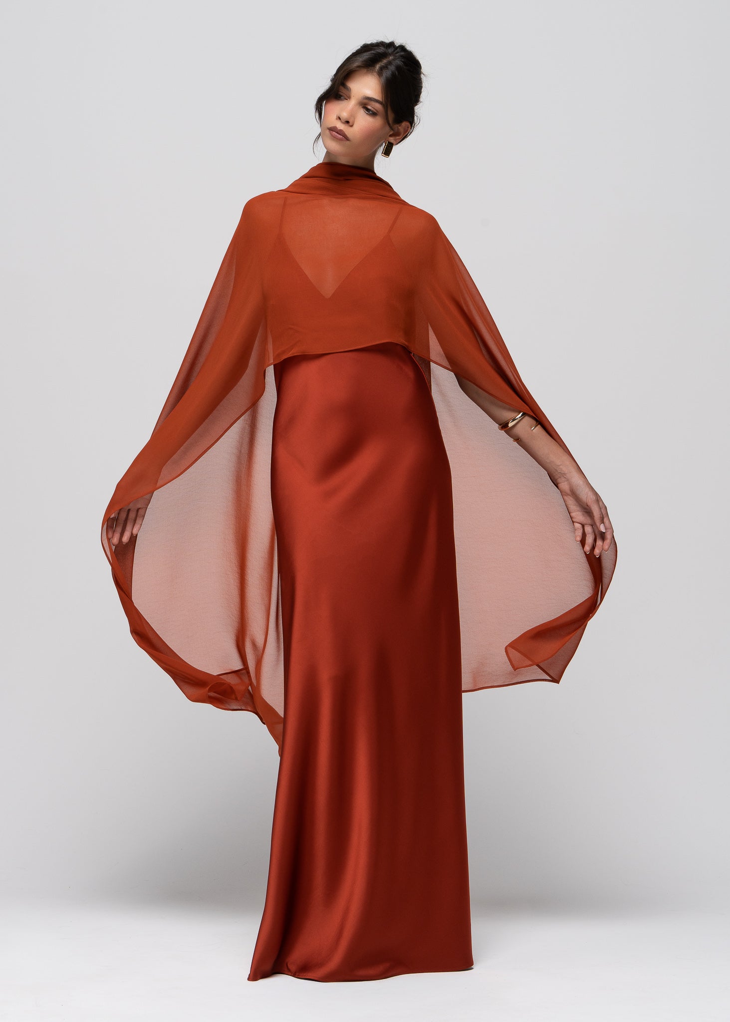 Lava Satin Gown with Sheer Shawl - Terracotta