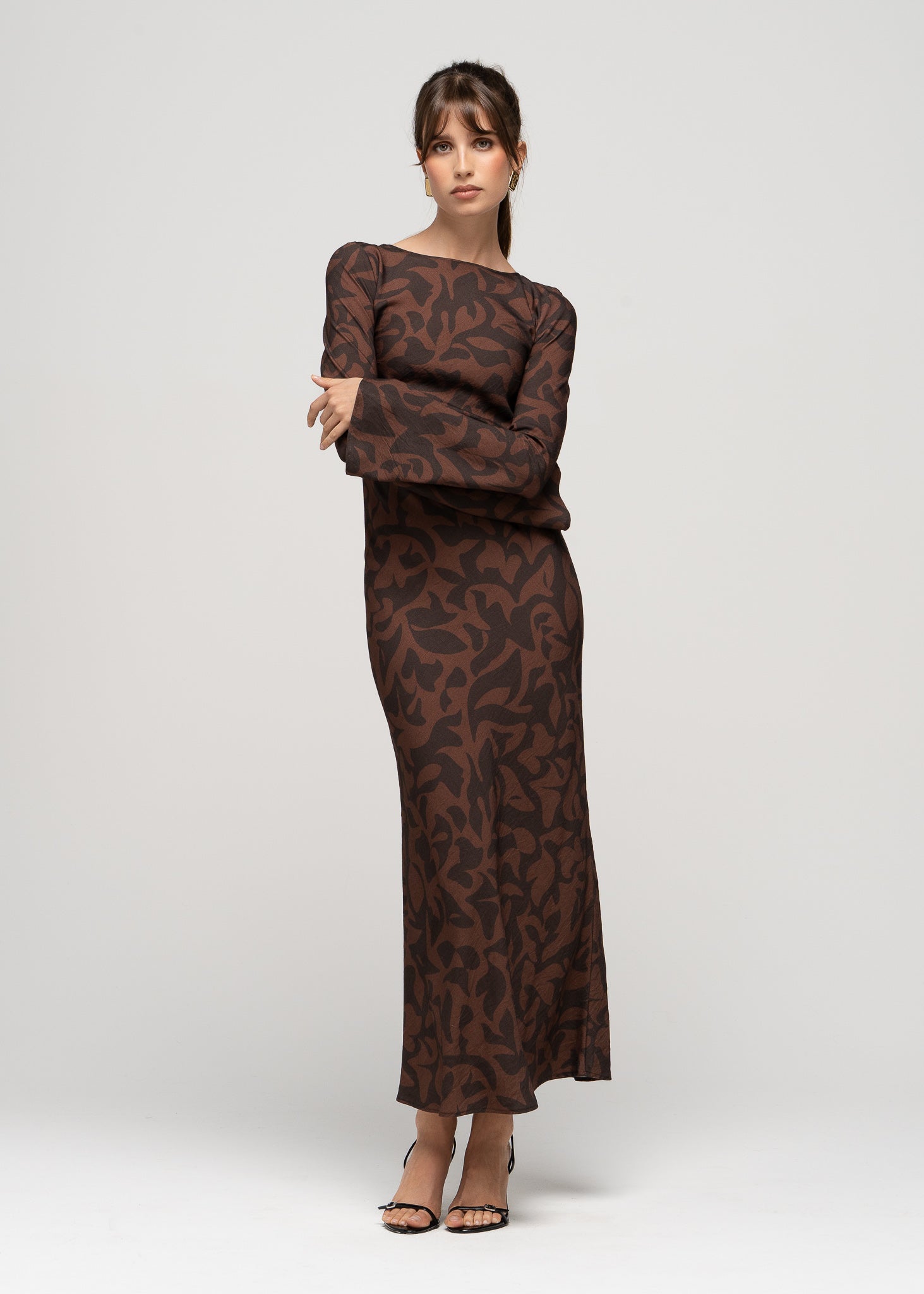Juliette Bias Cut Bell Sleeve Maxi Dress – Brown