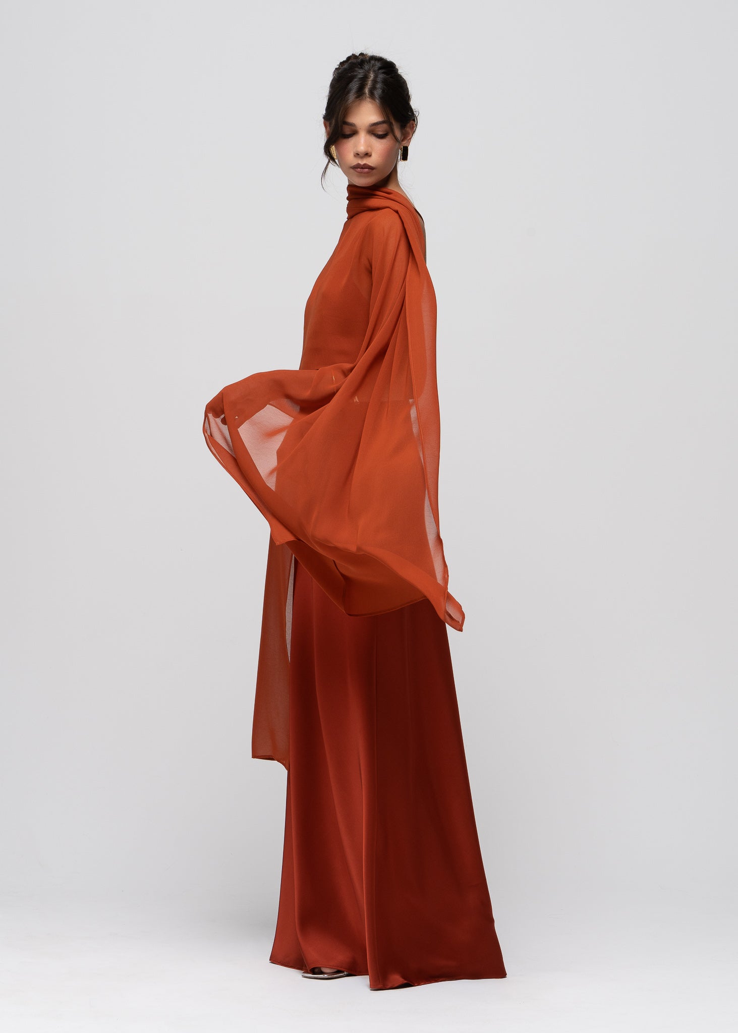 Lava Satin Gown with Sheer Shawl - Terracotta