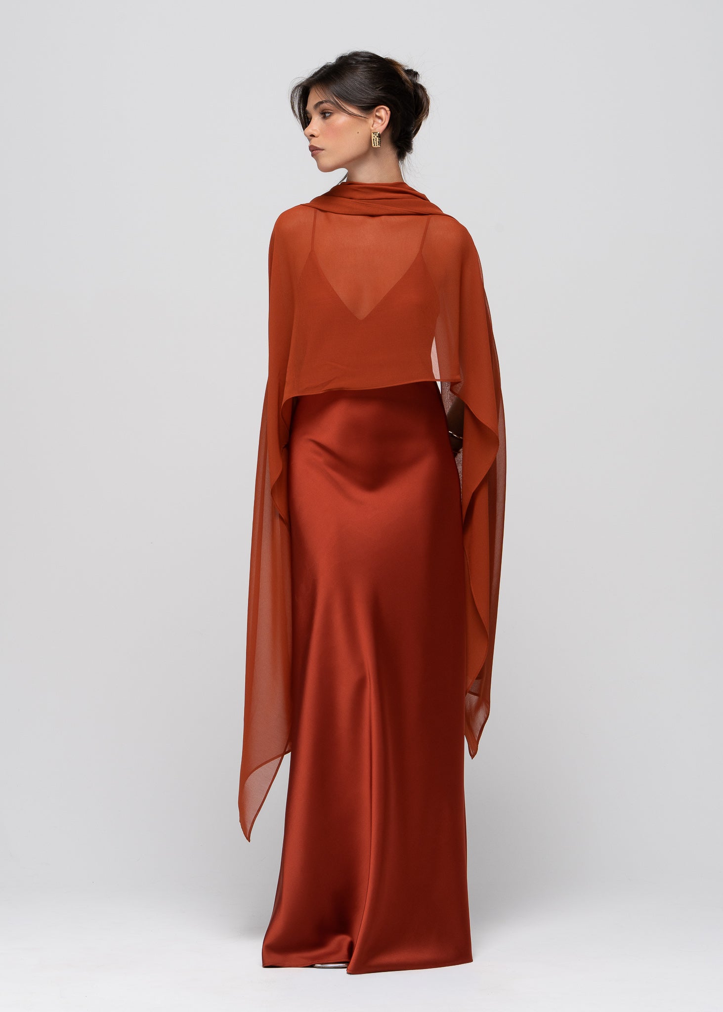 Lava Satin Gown with Sheer Shawl - Terracotta