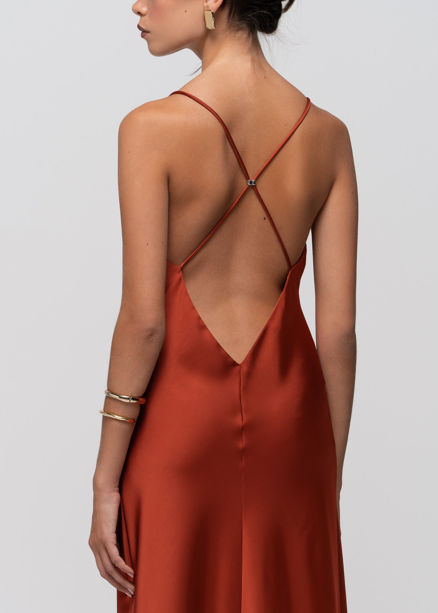 Lava Satin Gown with Sheer Shawl - Terracotta