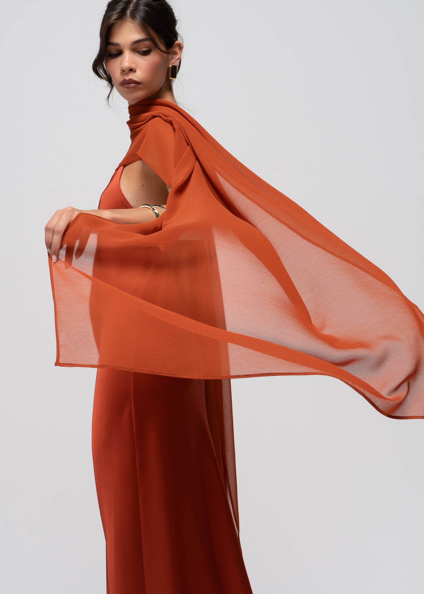 Lava Satin Gown with Sheer Shawl - Terracotta