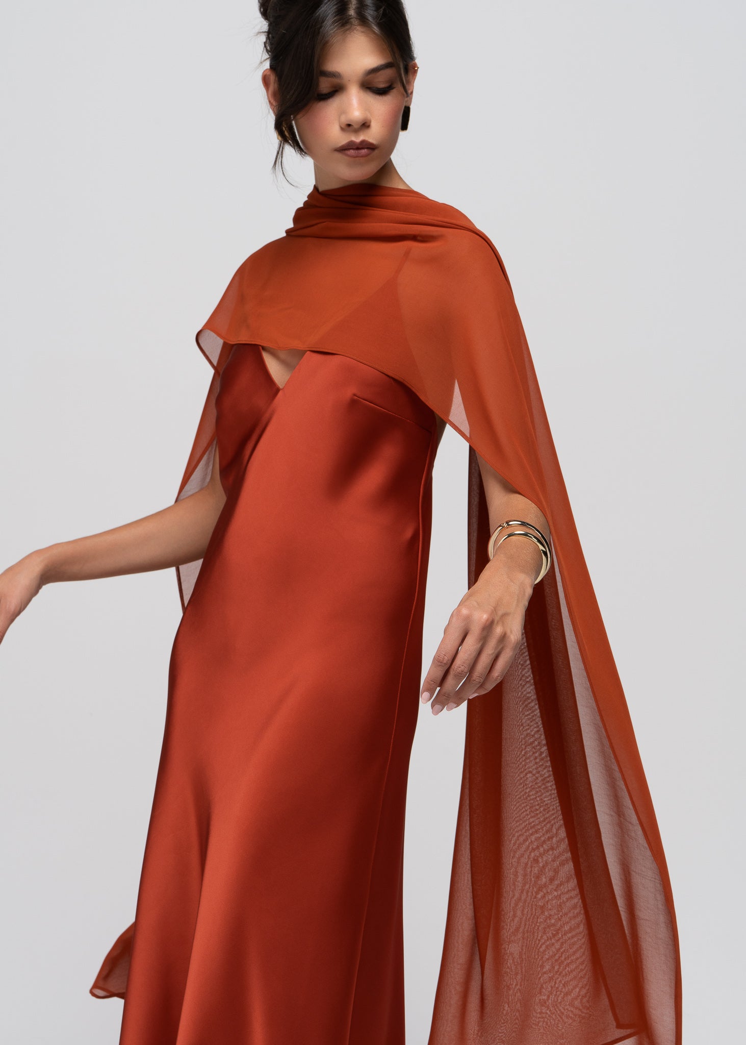 Lava Satin Gown with Sheer Shawl - Terracotta