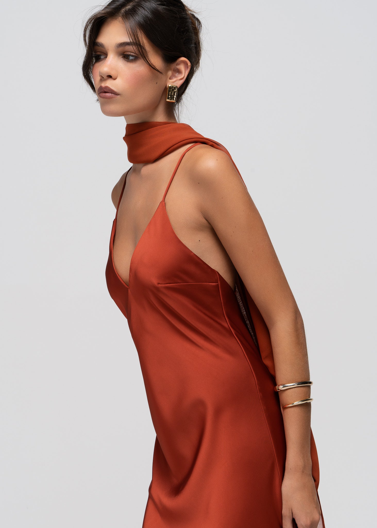 Lava Satin Gown with Sheer Shawl - Terracotta
