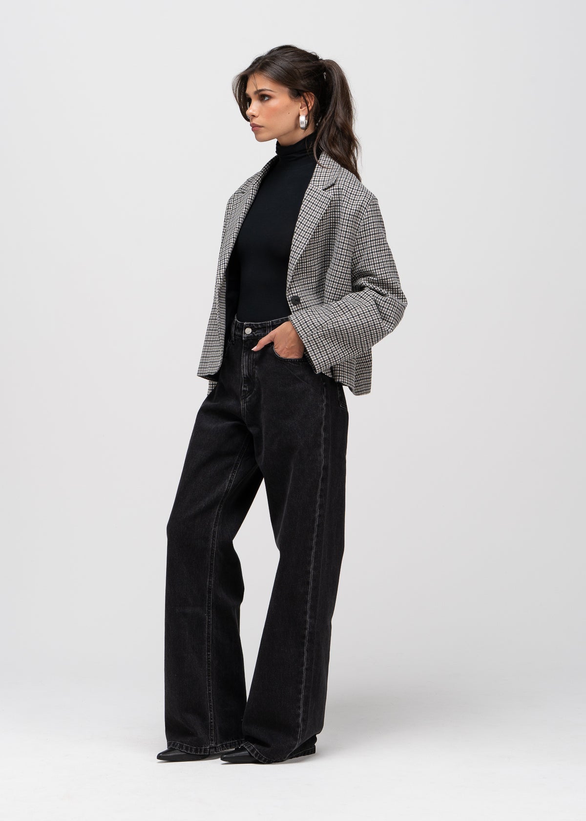 Yoko Cropped Check Wool Blazer