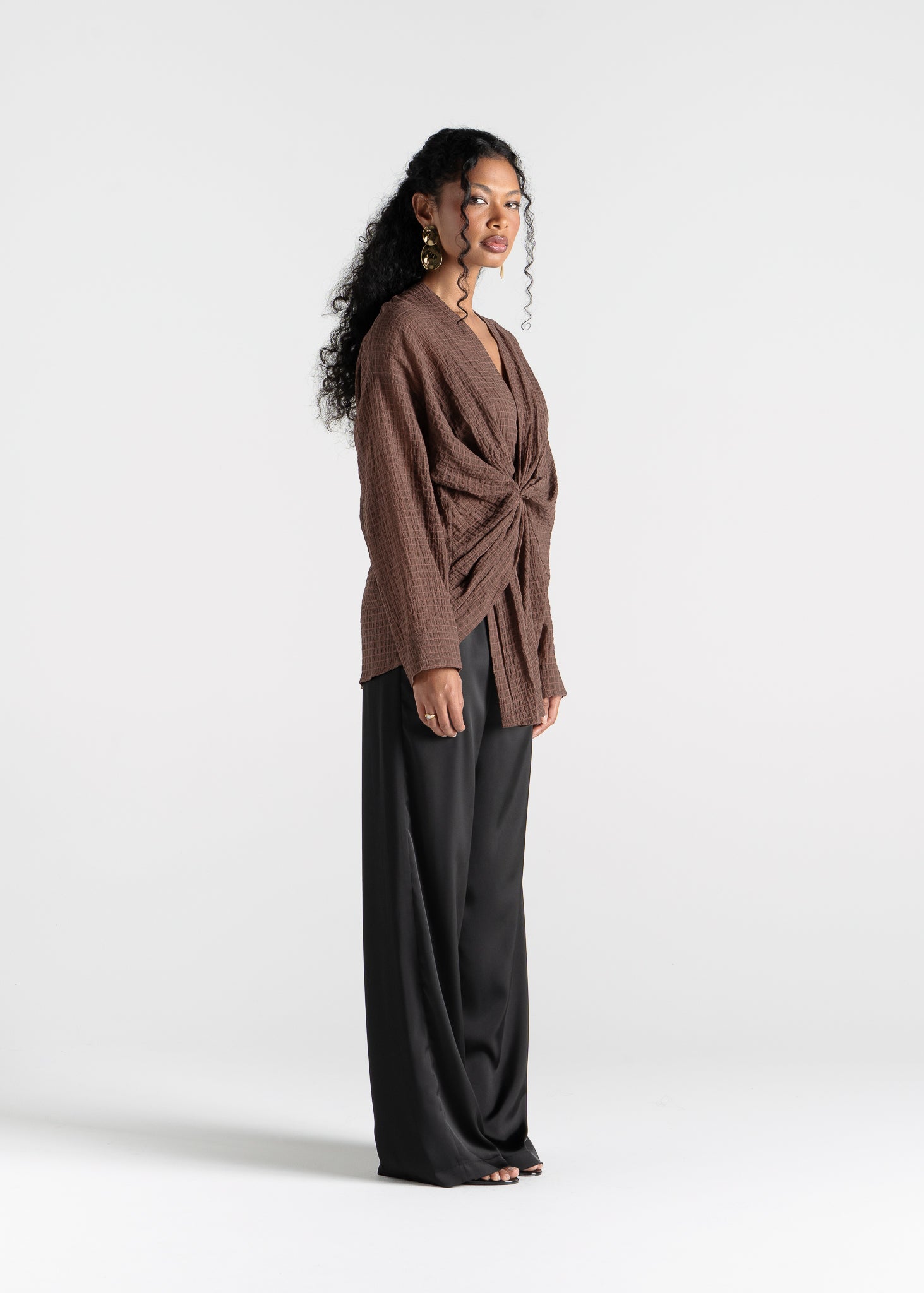 Esme Draped Cotton Twist Blouse - Brown Check
