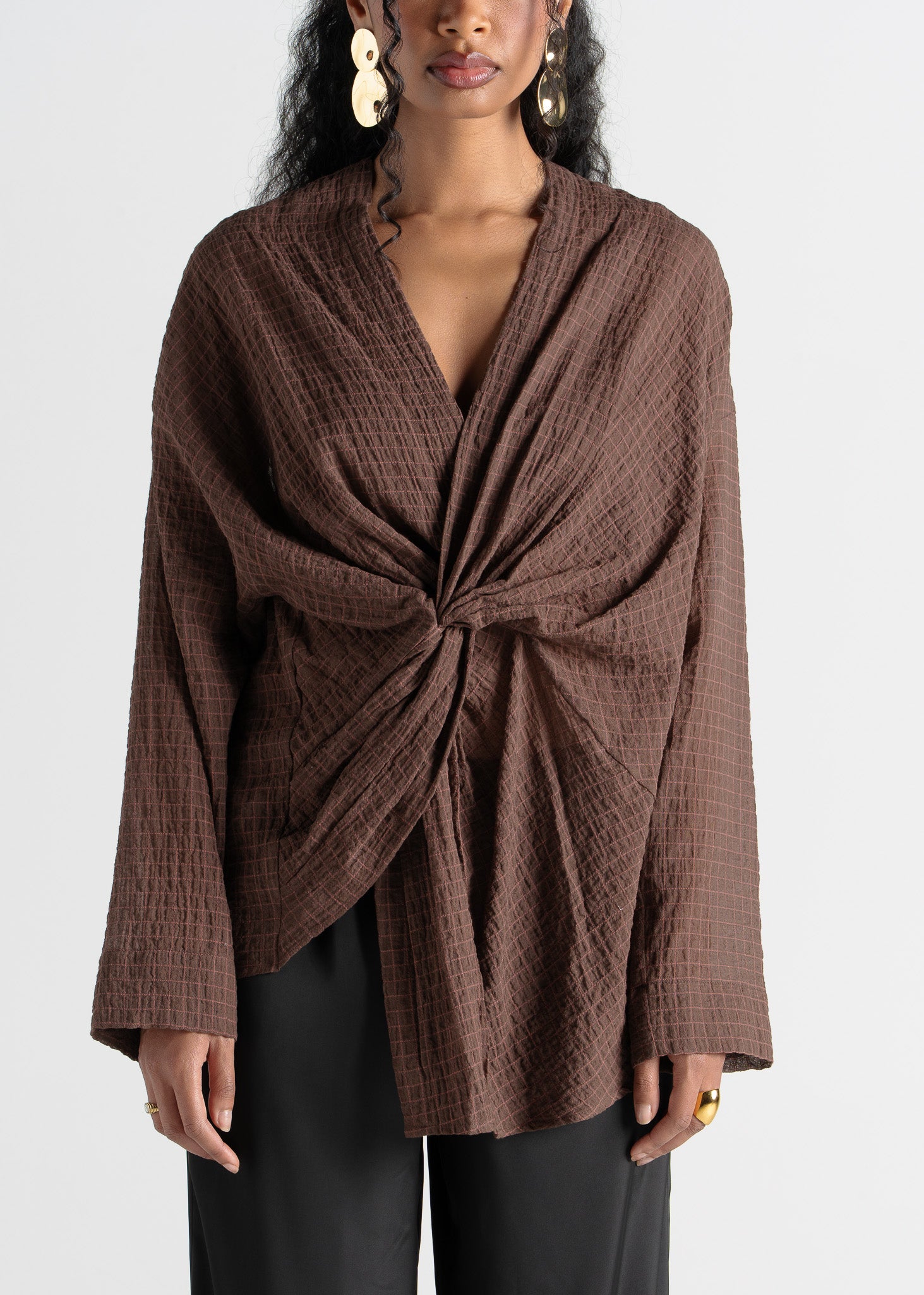 Esme Draped Cotton Twist Blouse - Brown Check