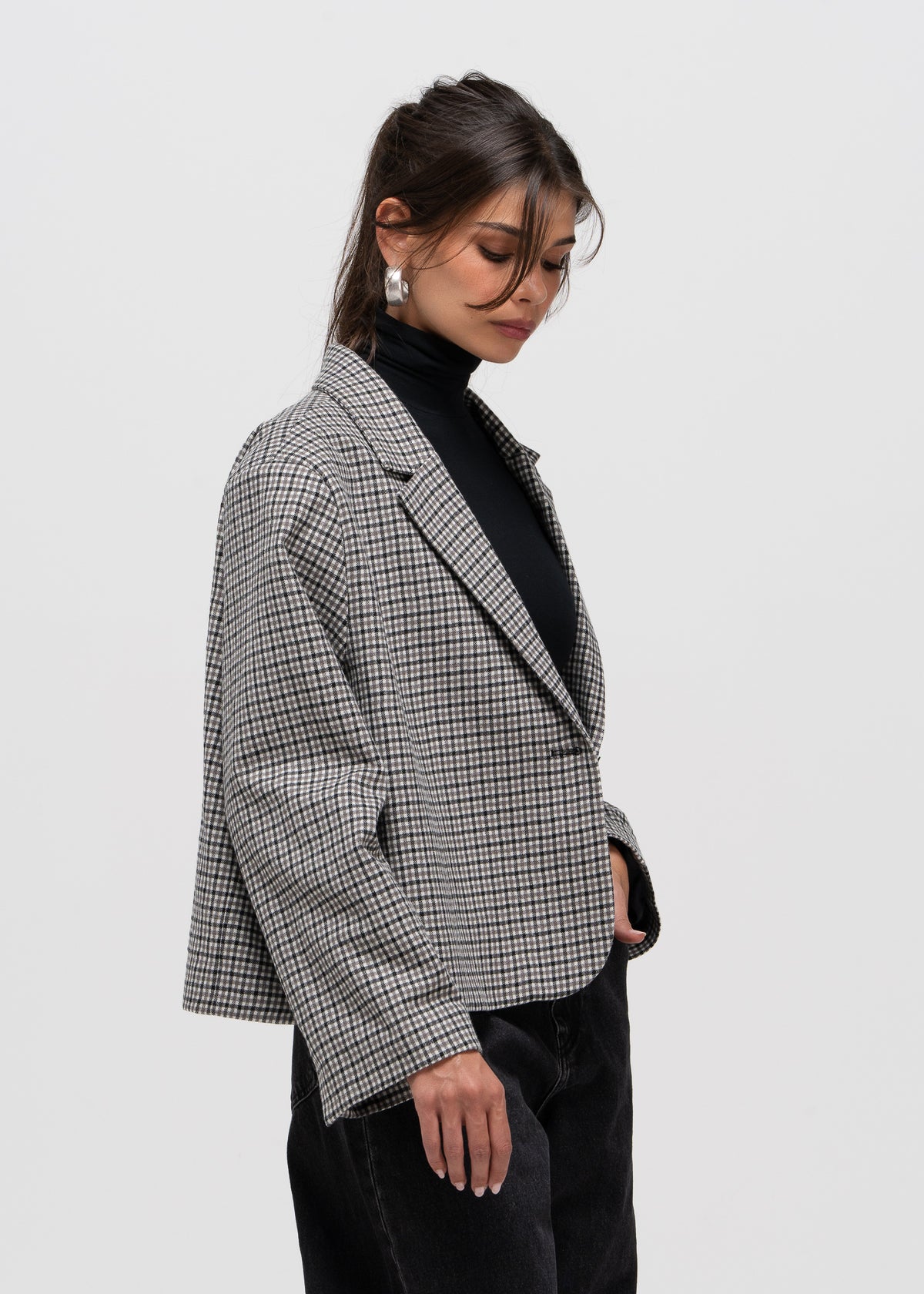 Yoko Cropped Check Wool Blazer