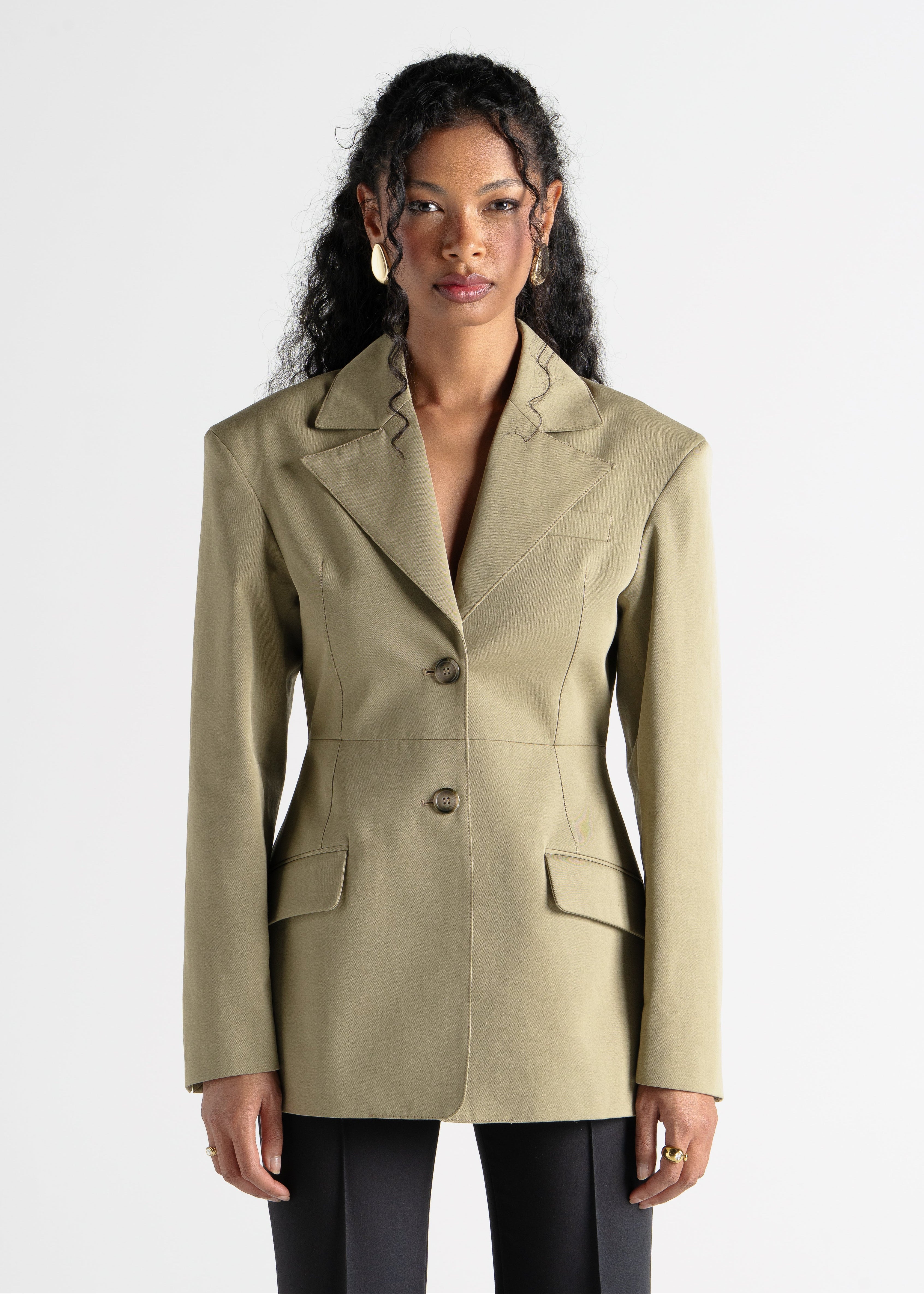 Ella Structured Waist-Cinched Blazer - Olive Green