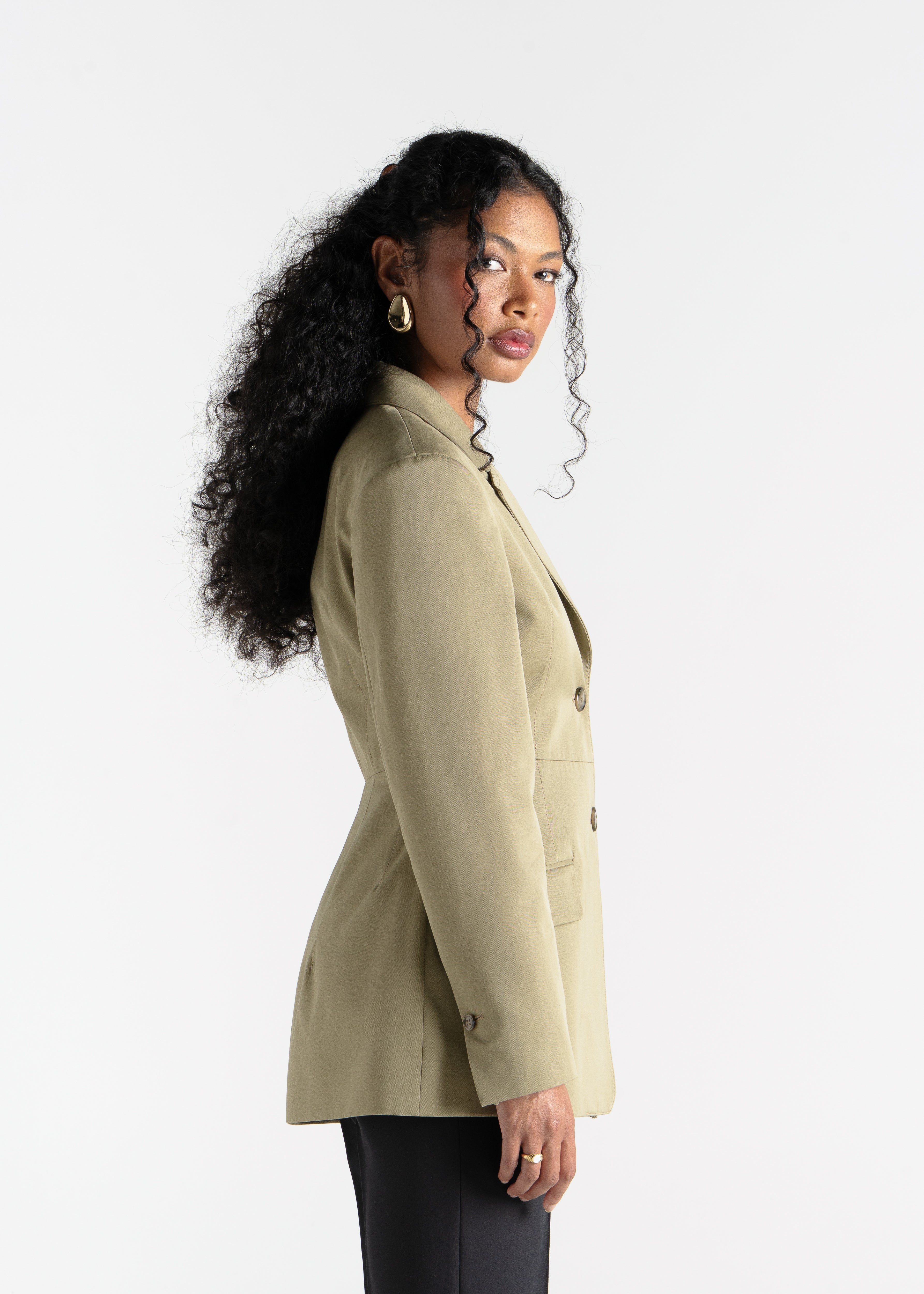 Ella Structured Waist-Cinched Blazer - Olive Green