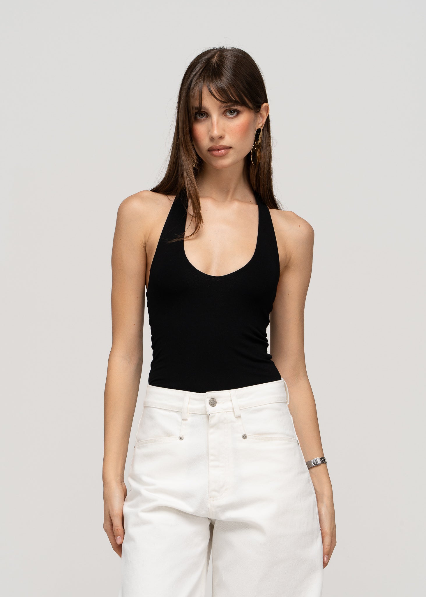 Cleo Plunge Halter Bodysuit - Black