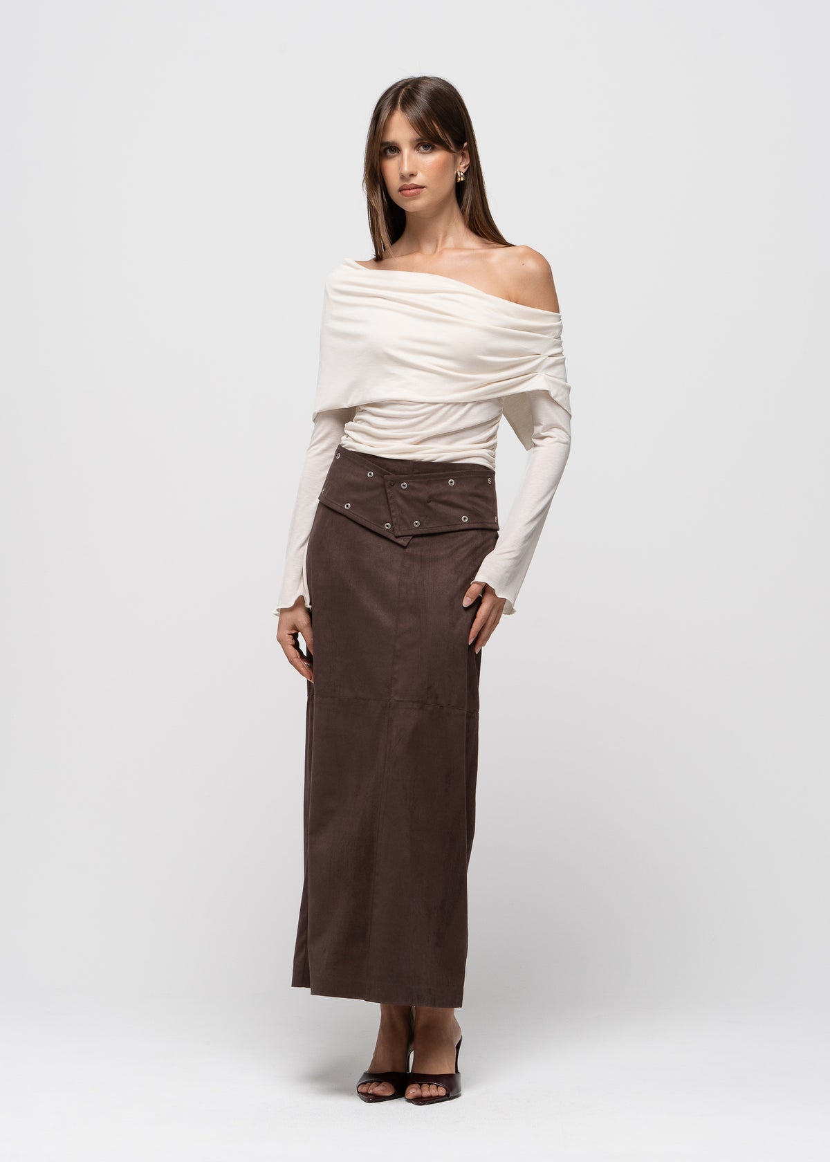 Mora Faux Suede Maxi Skirt with Belt - Brown