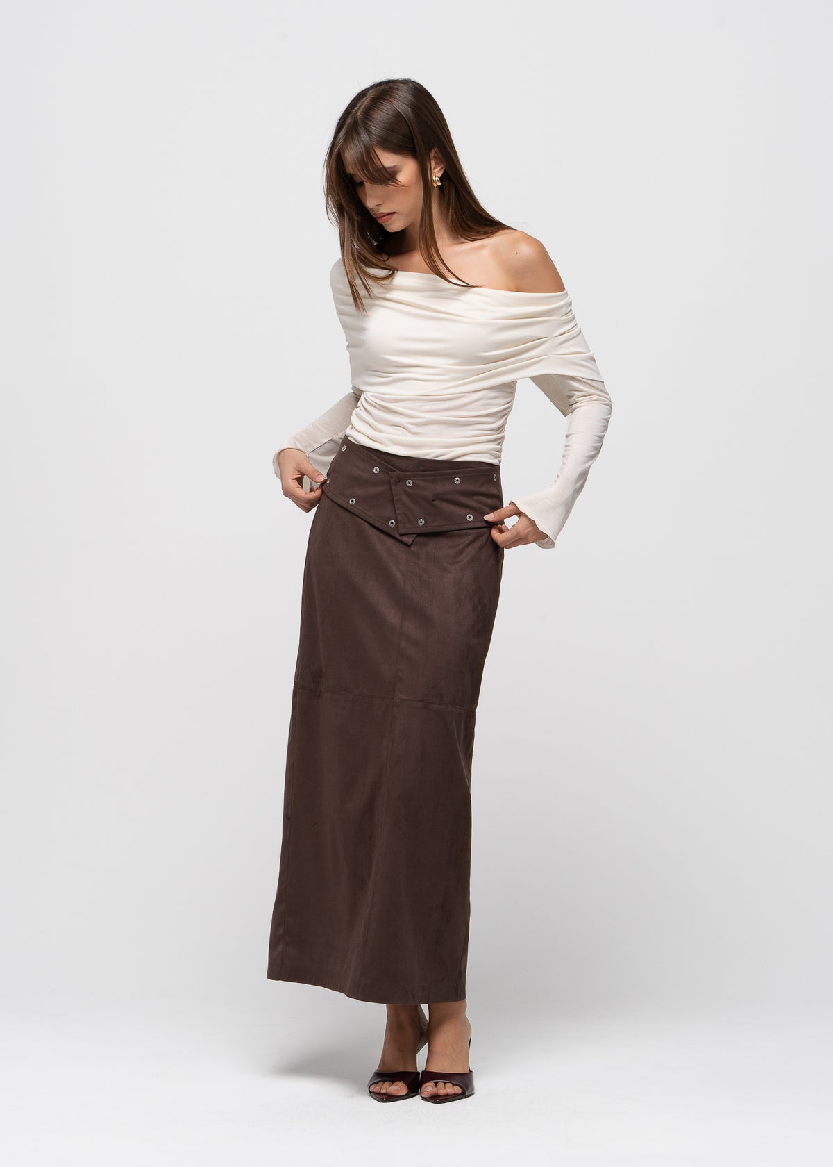 Mora Faux Suede Maxi Skirt with Belt - Brown