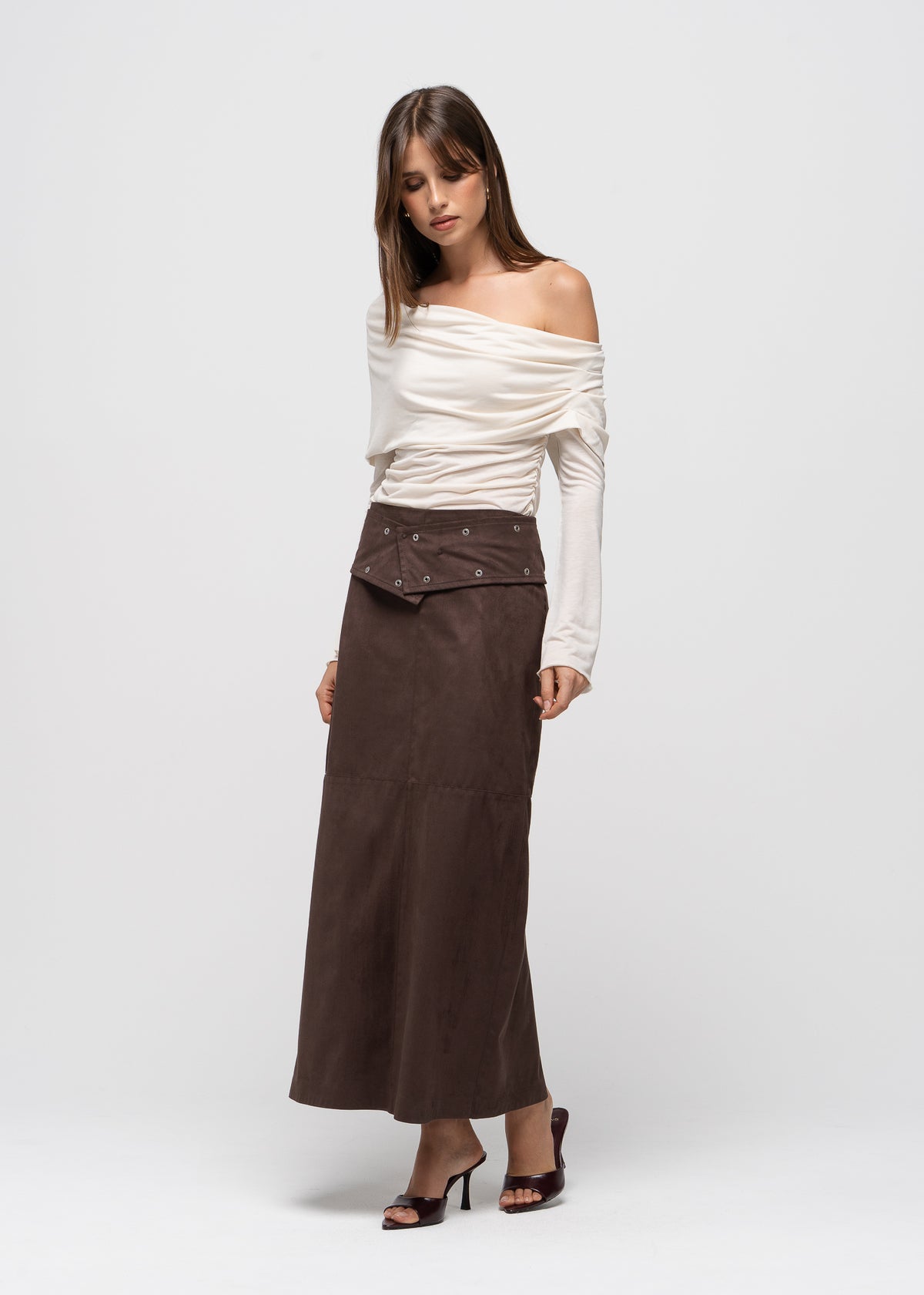 Mora Faux Suede Maxi Skirt with Belt - Brown