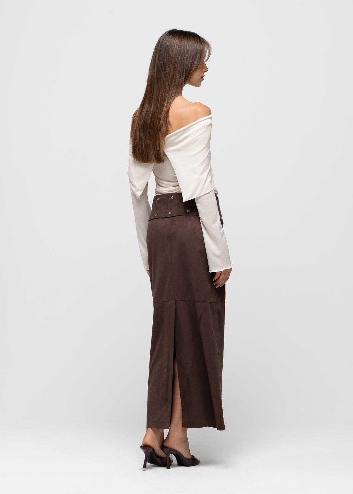 Mora Faux Suede Maxi Skirt with Belt - Brown