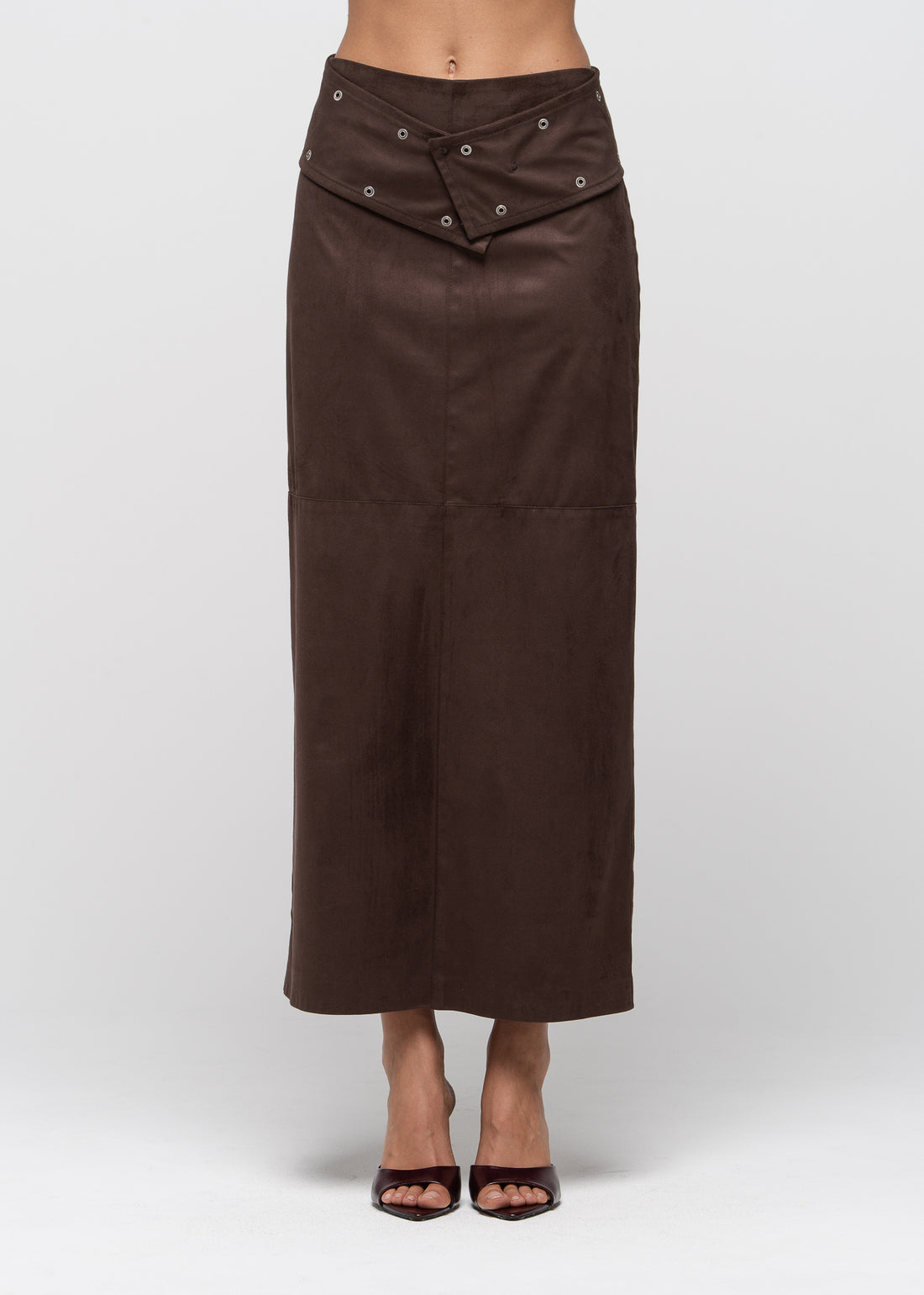 Mora Faux Suede Maxi Skirt with Belt - Brown