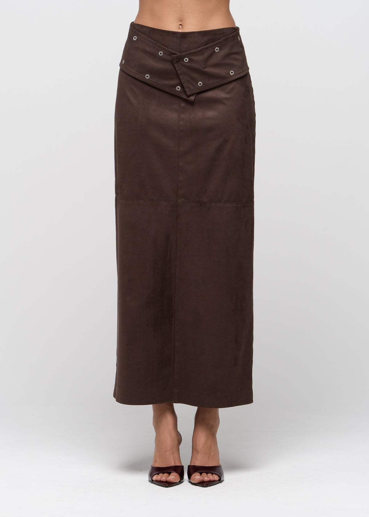 Mora Faux Suede Maxi Skirt with Belt - Brown
