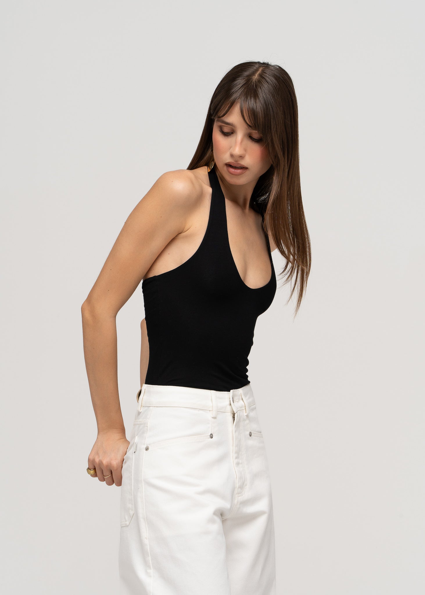 Cleo Plunge Halter Bodysuit - Black