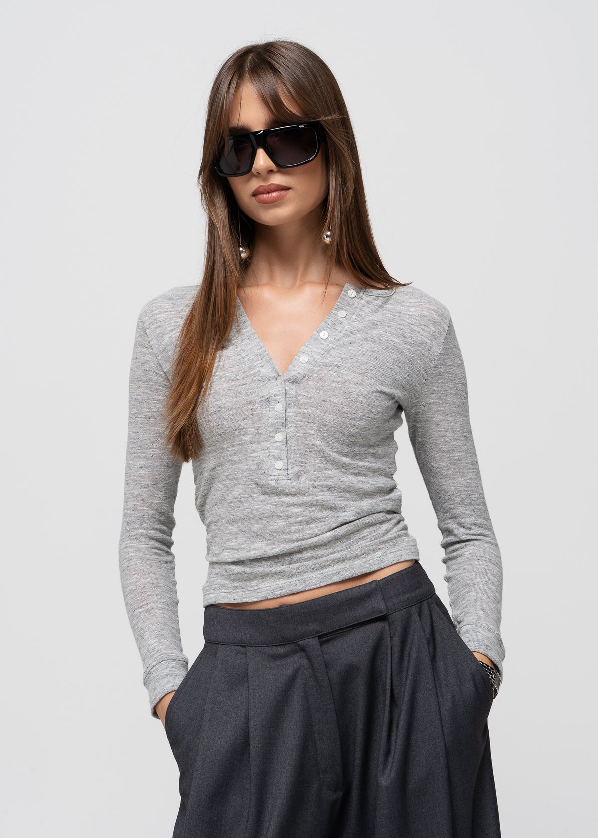 Reese Henley Long Sleeve Top - Grey