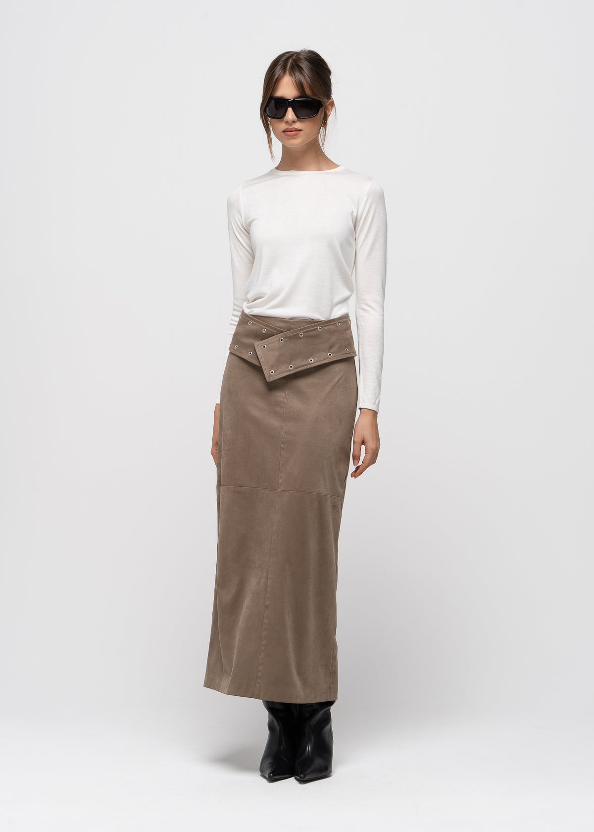 Mora Faux Suede Maxi Skirt with Belt - Taupe