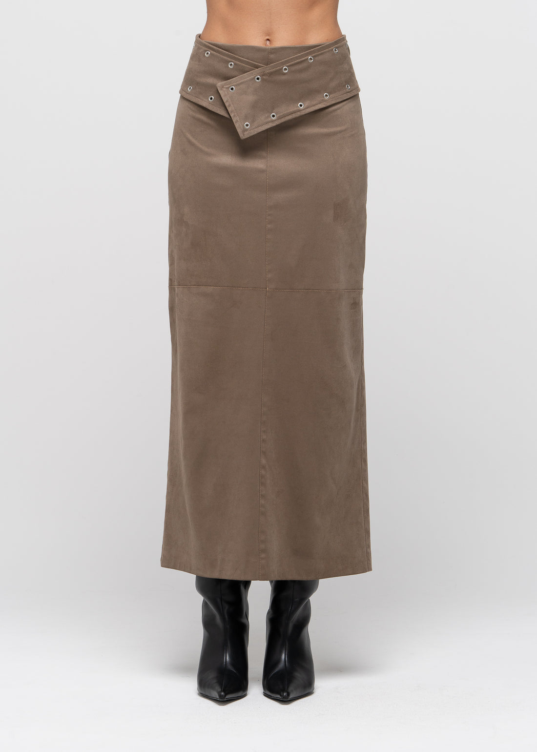 Mora Faux Suede Maxi Skirt with Belt - Taupe