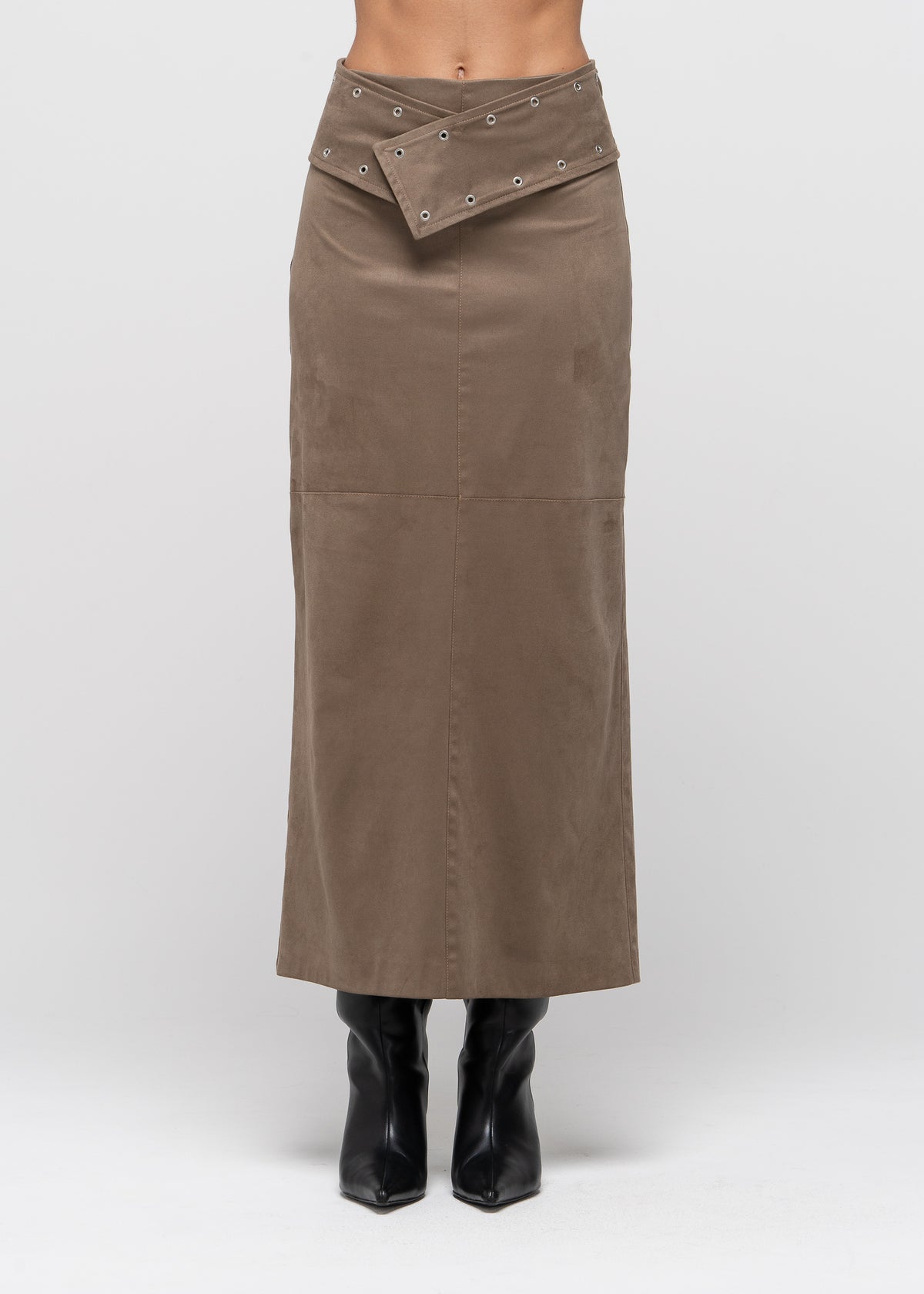 Mora Faux Suede Maxi Skirt with Belt - Taupe