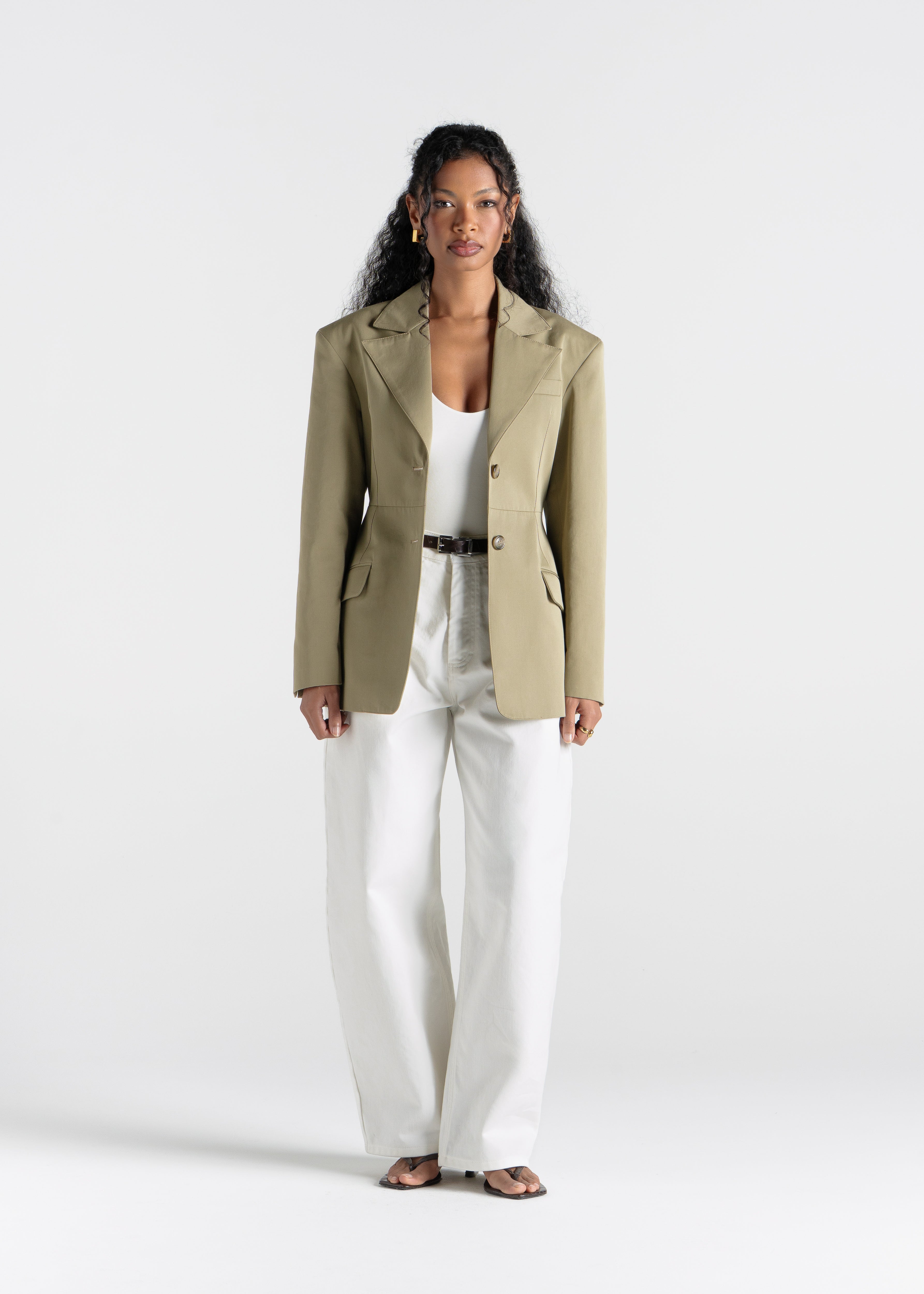Ella Structured Waist-Cinched Blazer - Olive Green