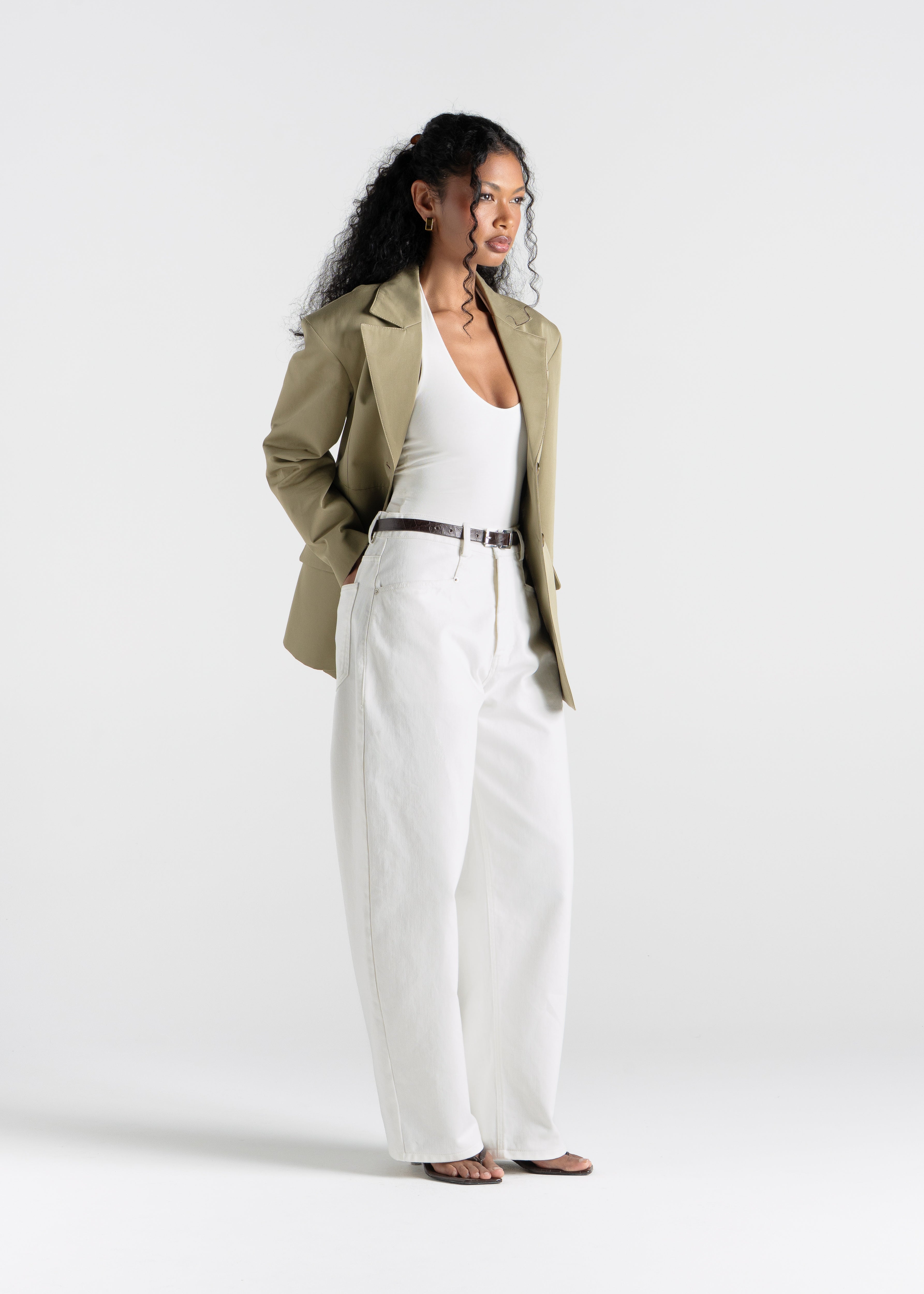 Ella Structured Waist-Cinched Blazer - Olive Green