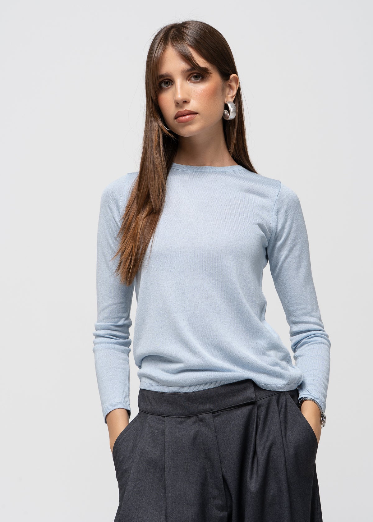 Emma Classic Crewneck Knit Sweater - Baby Blue
