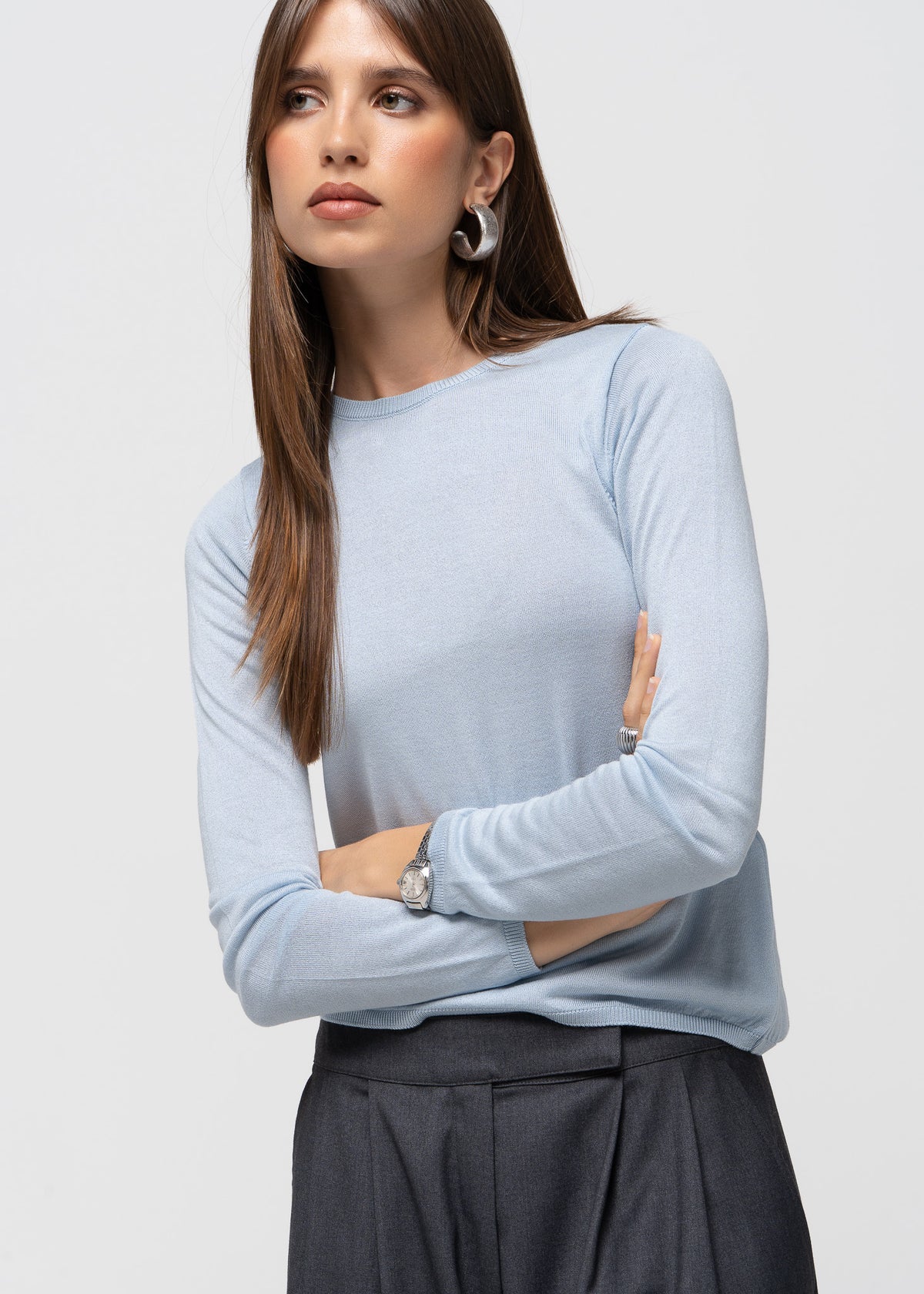 Emma Classic Crewneck Knit Sweater - Baby Blue