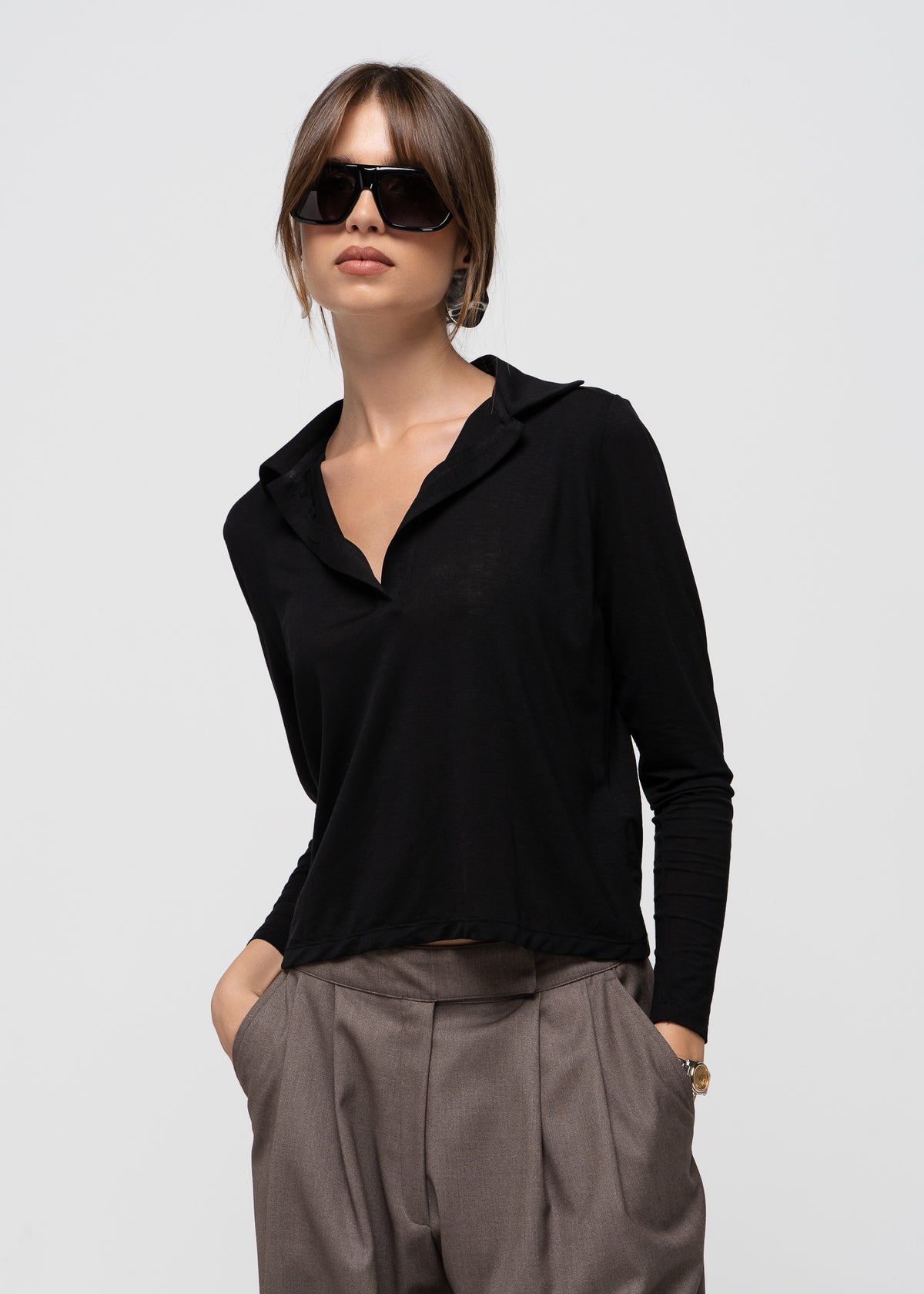Aurora Long Sleeve Polo - Black