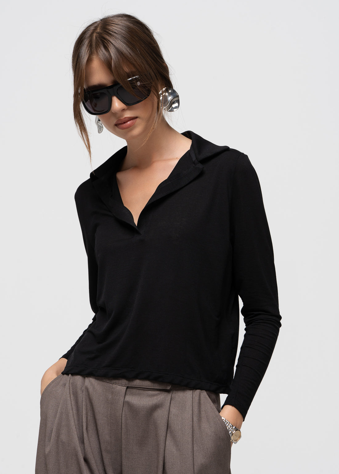 Aurora Long Sleeve Polo - Black