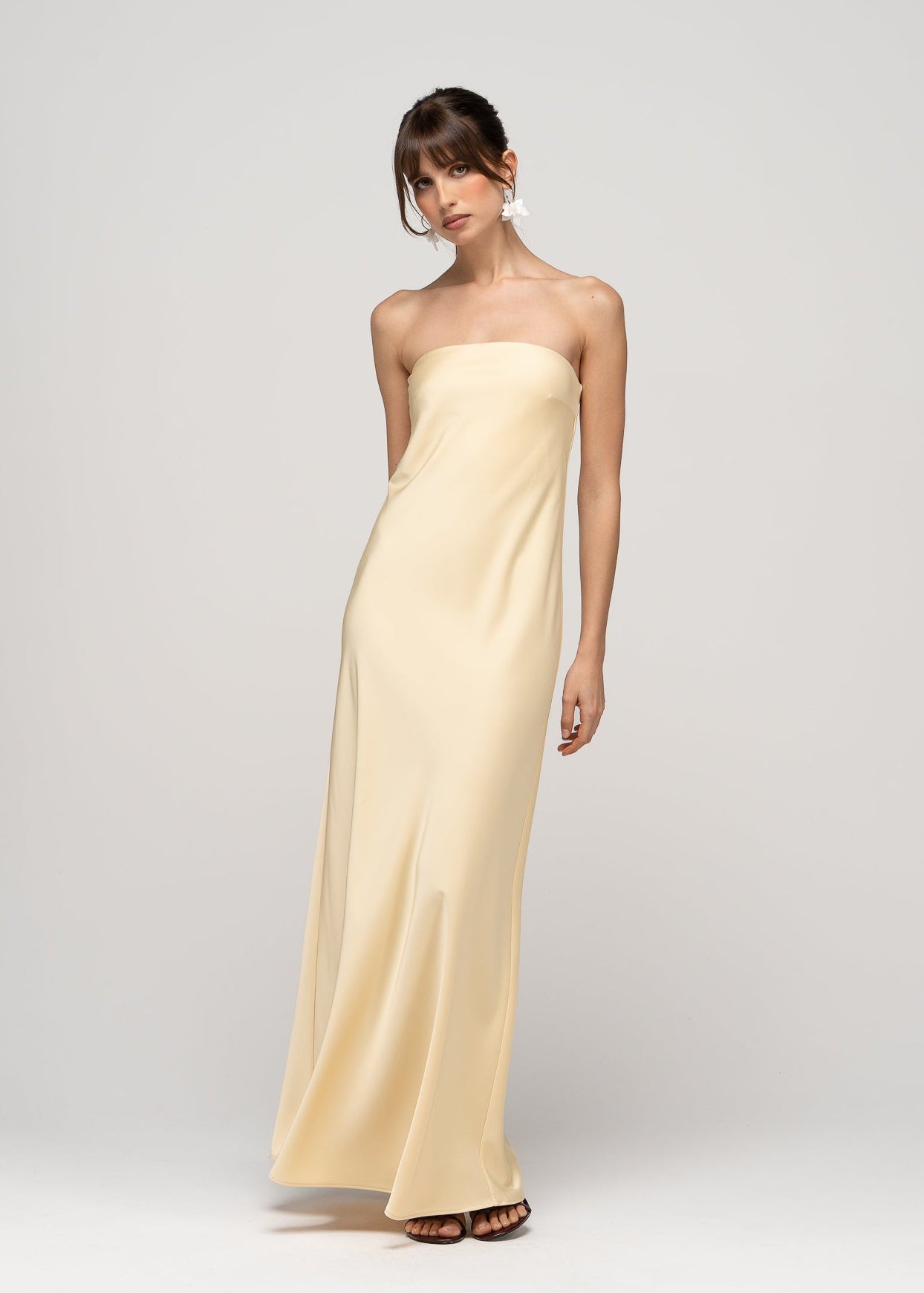 La Noche Strapless Satin Gown with Shawl - Butter Yellow