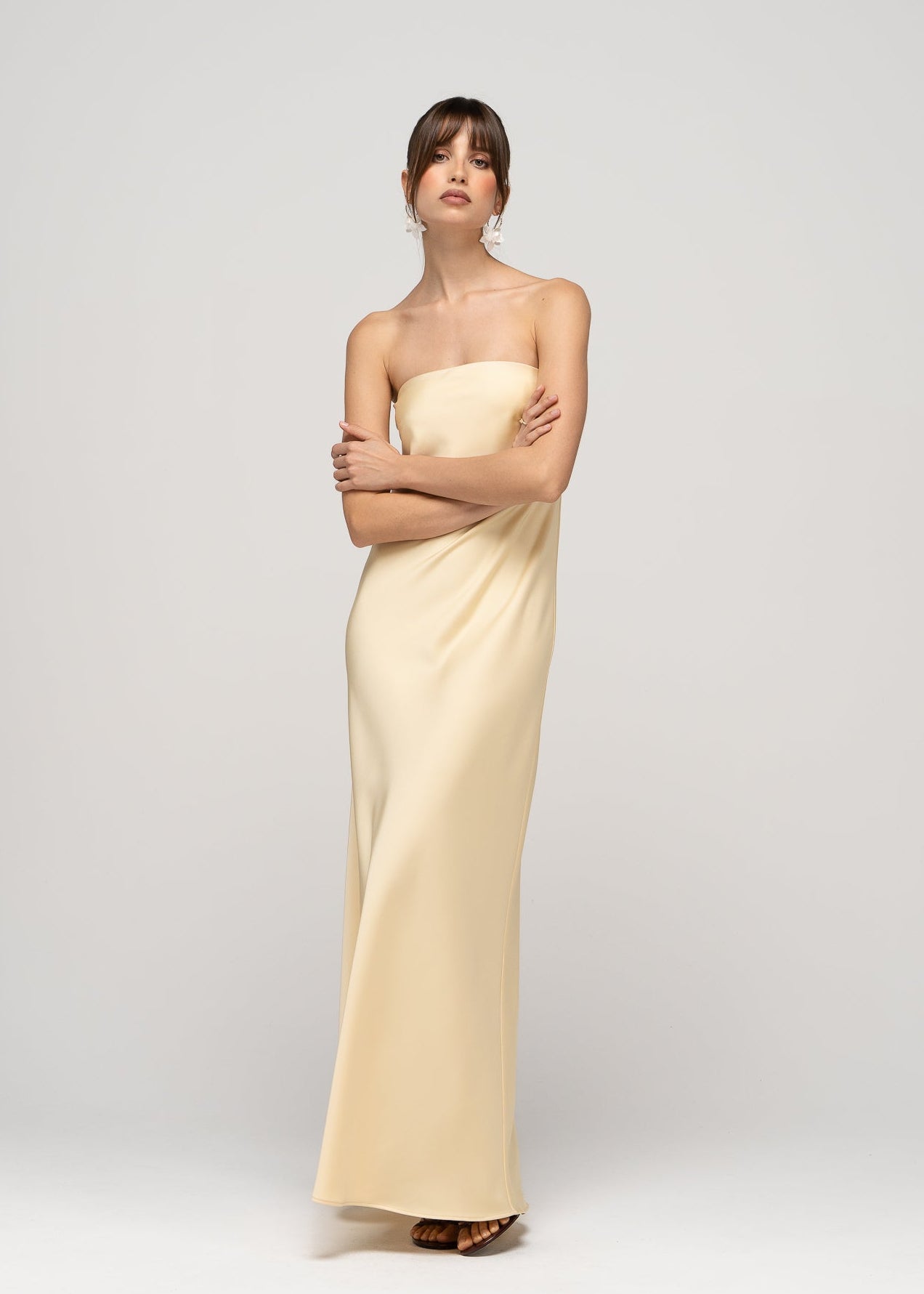 La Noche Strapless Satin Gown with Shawl - Butter Yellow